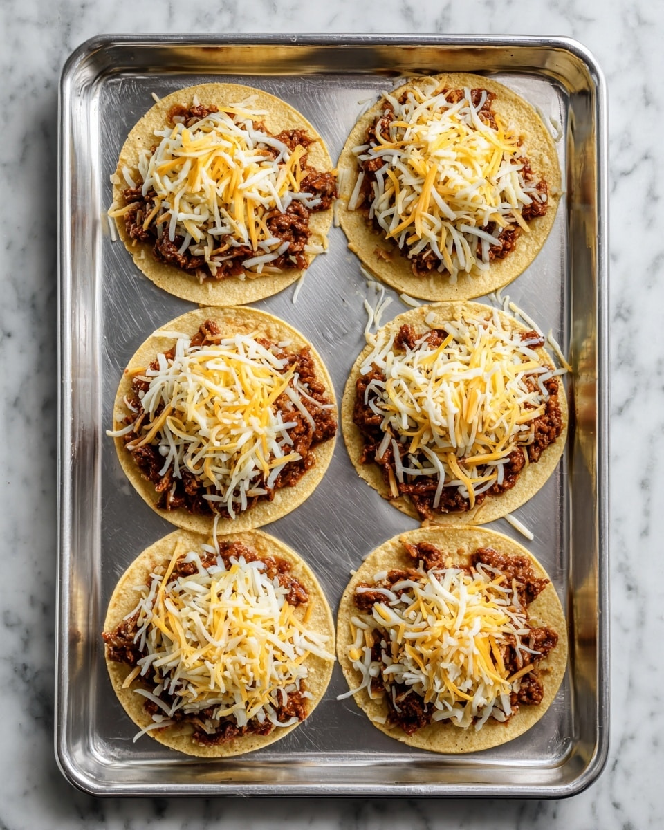 The image shows a metal baking tray with six small, round corn tortillas evenly placed in two rows of three. Each tortilla is topped with shredded brown cooked meat as the first layer, followed by a layer of shredded yellow and white cheese scattered on top. The tray and tortillas sit on a white marbled surface. photo taken with an iphone --ar 4:5 --v 7