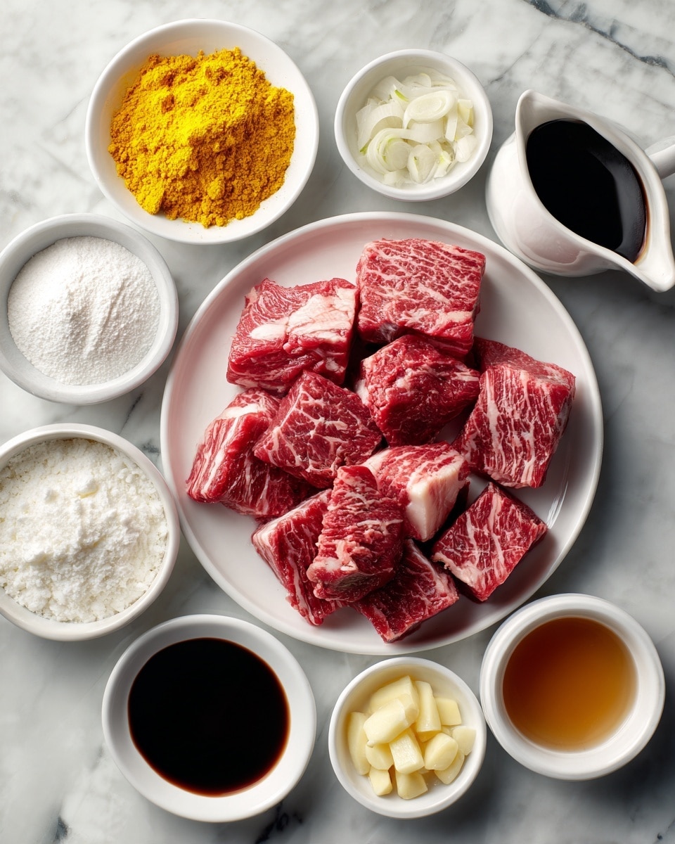 The image shows a white marbled surface with several small white bowls and a white plate arranged neatly. The white plate holds several pieces of raw red meat with white fat marbling. Around it, there are small white bowls containing yellow turmeric powder, white flour, light yellow minced ginger, peeled garlic cloves, chopped white onions, and brown sugar. There is also a small white pitcher with thick dark soy sauce, a white cup with thick dark brown sauce, and a small bowl of light brown liquid. The whole setup looks clean and organized, ready for cooking preparation, photo taken with an iphone --ar 4:5 --v 7