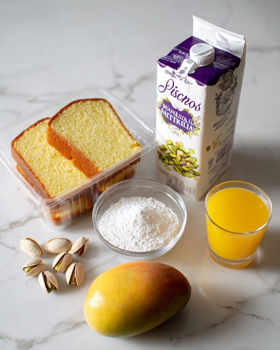 The image shows ingredients for a dessert arranged on a white marbled surface. There are four slices of light golden yellow cake stacked in a clear plastic container on the left side. In front of the cake is a small clear glass bowl filled with white powdered sugar. Next to it, there is a carton of heavy whipping cream with purple and white design standing upright. On the right side of the cream is a whole ripe mango with yellow and orange skin sitting on the surface. Behind the mango is a white bag labeled
