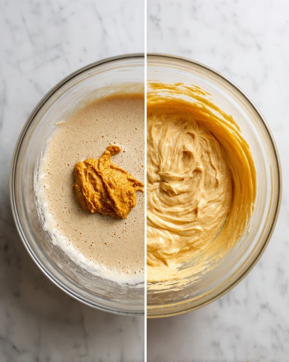 Two side-by-side images show the stages of mixing a batter in a clear glass bowl on a white marbled surface. On the left, a beige frothy batter fills the bowl with a dollop of thick golden-orange paste sitting in the center, contrasting with the lighter batter. On the right, the batter has transformed into a smooth, creamy texture with a uniform pale yellow-orange color and light swirls on top, evenly spread inside the same bowl. Photo taken with an iphone --ar 4:5 --v 7