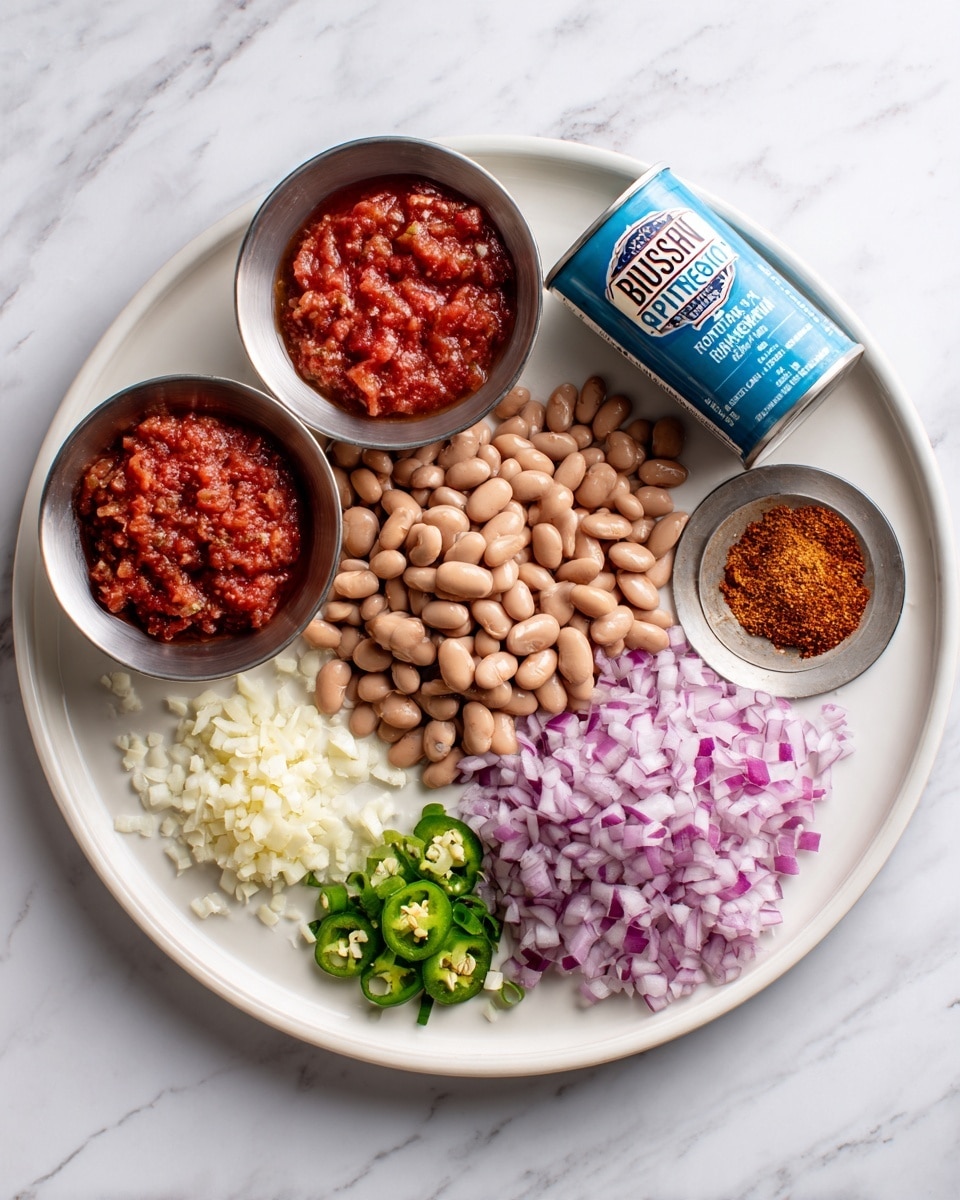A large white plate on a white marbled surface holds ingredients arranged in a circle. There is a blue can of Bush's Best Pinto Beans standing upright near the center back of the plate. To the left of the can, there is a small metal bowl filled with chunky red salsa. Next to it is another small metal bowl containing brown and red spices side by side. On the right side of the plate, finely chopped red onions are piled. In front of the onions, there are small piles of chopped green jalapeño peppers and minced garlic cloves. The arrangement shows clear colors and textures with the white plate giving a clean and bright look. photo taken with an iphone --ar 4:5 --v 7