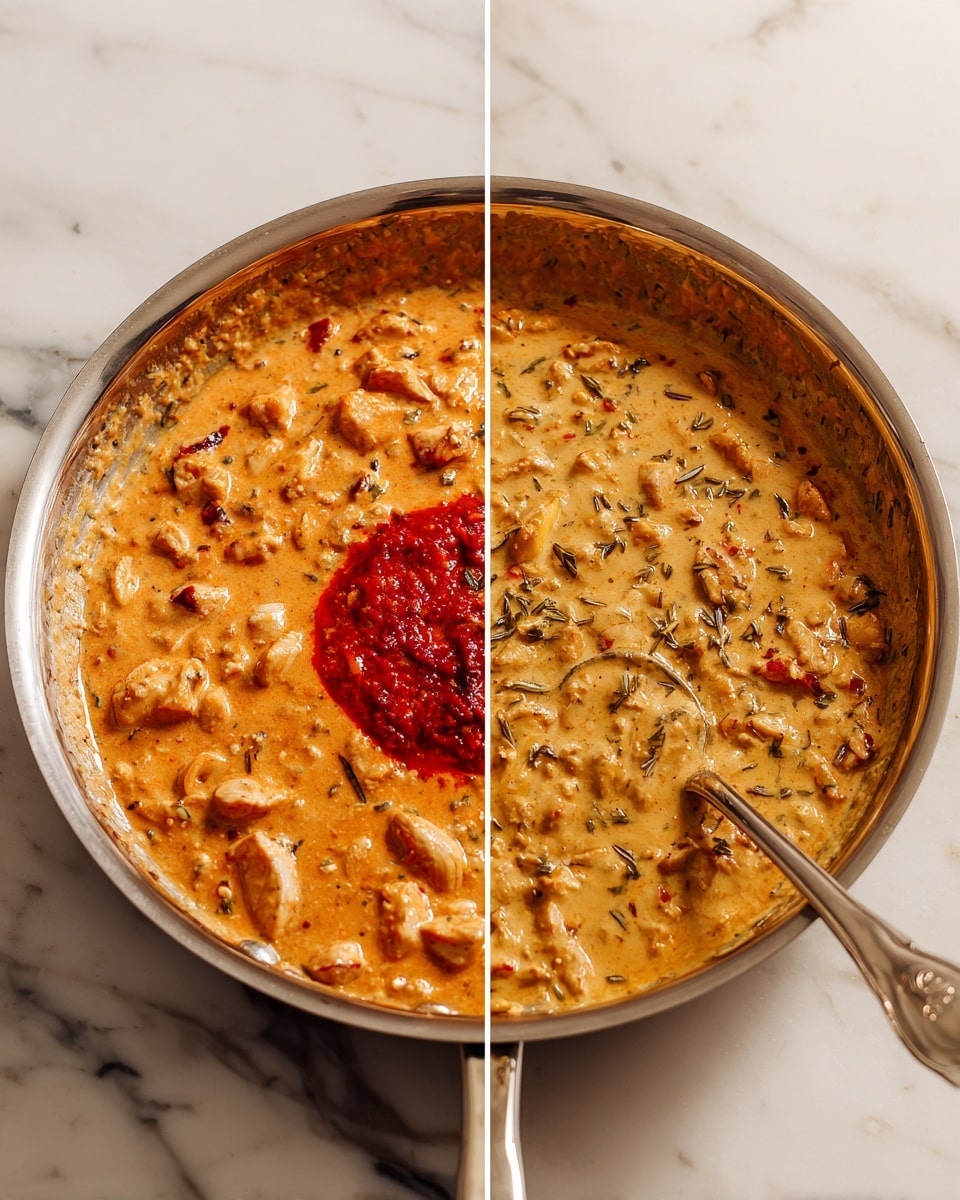 The image shows two side-by-side photos of a creamy dish cooking in a shiny metal pan on a white marbled stove. On the left, the dish is orange-brown with a thick texture, speckled with small pieces of what looks like chicken and herbs. In the center of the left pan, there is a bright red sauce dolloped on top, adding a contrasting color. On the right, the dish is fully mixed, showing a smooth, consistent orange-brown color with bits of meat spread evenly, and a spoon resting on the edge of the pan. The pan's shiny metal surface reflects light softly. photo taken with an iphone --ar 4:5 --v 7