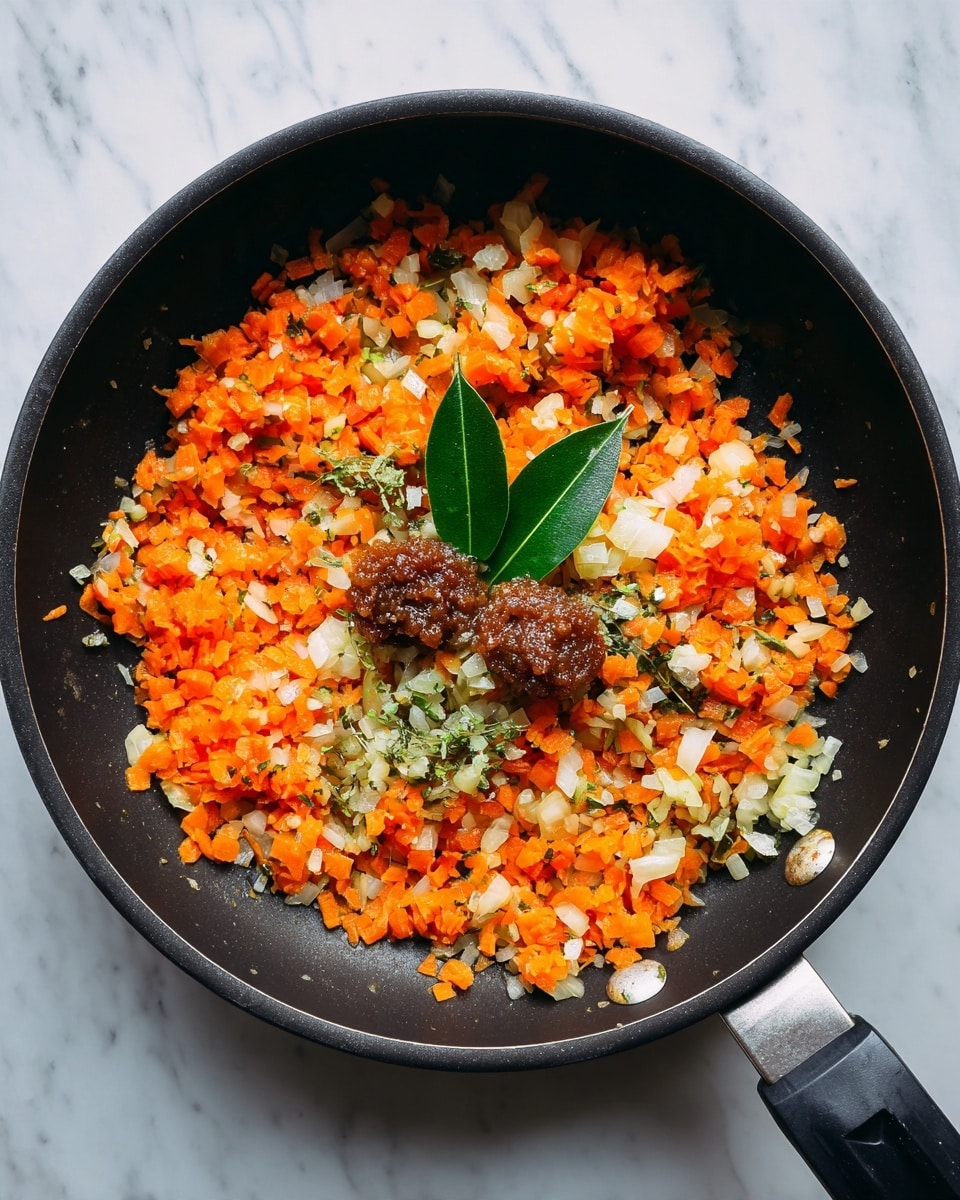 The image shows a black frying pan on a white marbled surface. Inside the pan, there are finely chopped orange carrots, small white onion pieces, and some green herbs mixed together. On top, there are two small brown dollops of paste and one green bay leaf placed in the center. The mixture looks fresh and colorful with the orange, white, brown, and green visible against the dark cooking surface of the pan. Photo taken with an iphone --ar 4:5 --v 7