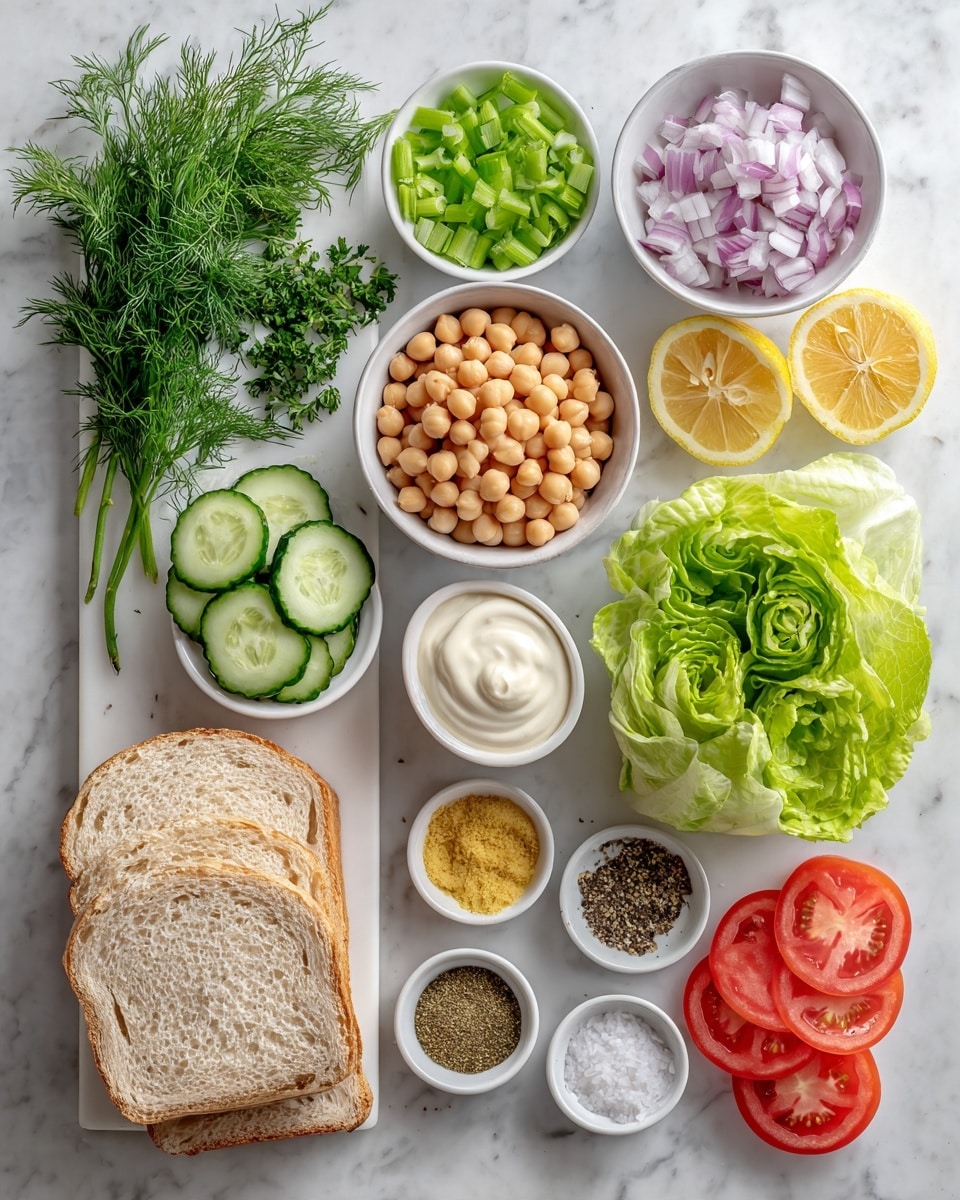 The image shows ingredients neatly arranged on a white marbled surface. There are two slices of bread at the bottom left, with four round cucumber slices in front of them. Above the bread is a small bunch of fresh green dill. Next to the dill is a stack of light brown chickpeas forming a neat pile. Three small white bowls hold different items: one with chopped green celery, one with mayonnaise, and one with yellow mustard sauce. Another two small white bowls contain chopped red onions and fresh green parsley. Two lemon halves with bright yellow flesh sit at the top right. Below the parsley and to the right are three green lettuce leaves and three round red tomato slices. Three more small white bowls are filled with black pepper, salt, and a powdery yellow seasoning. The whole scene is clean, colorful, and organized, ready for making a fresh sandwich or salad photo taken with an iphone --ar 4:5 --v 7