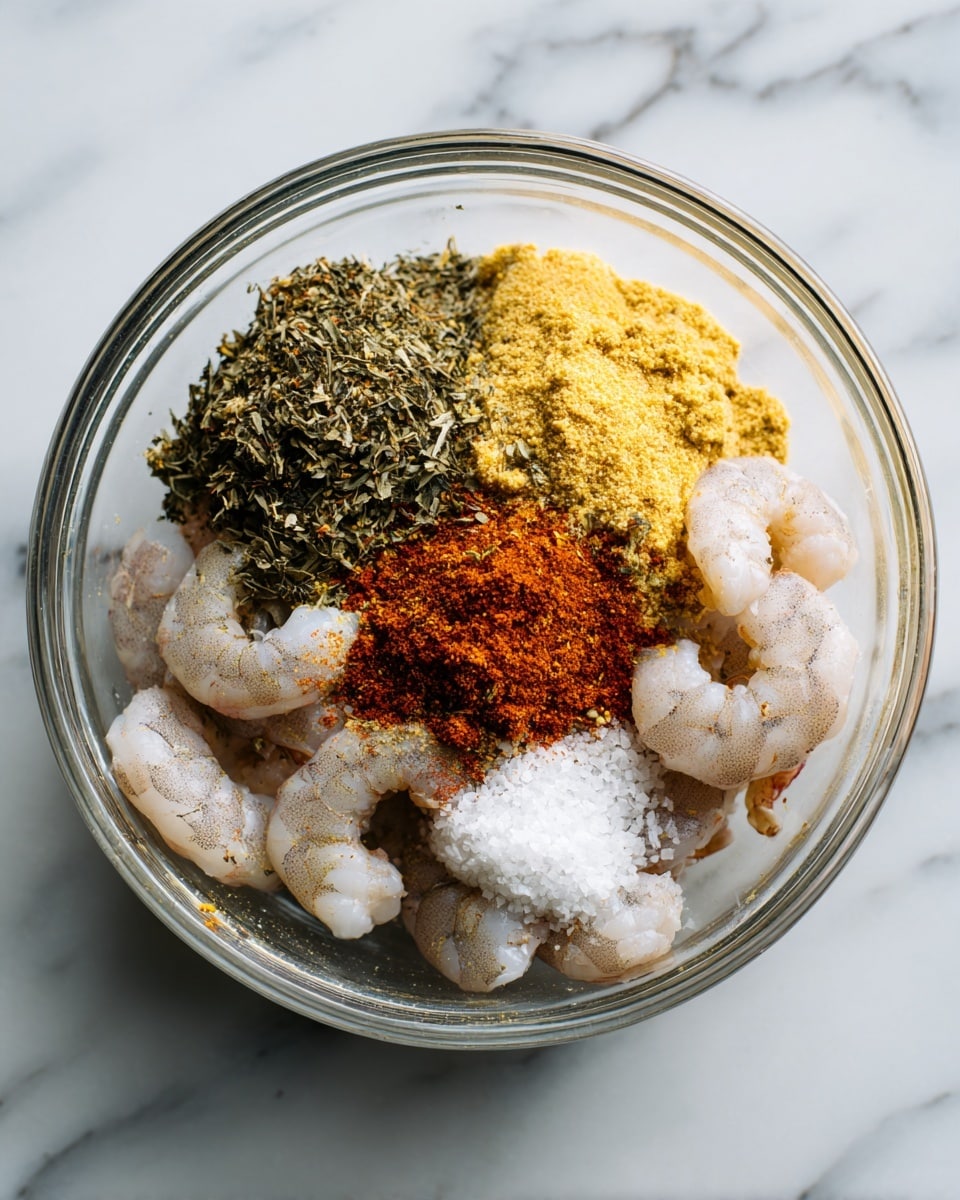 A clear glass bowl contains around ten pinkish-white shrimp arranged in a loose circle. On top of the shrimp, there are several layers of spices and herbs: a large pile of dark green dried herbs on the left side, a mound of fine yellow powder in the center, some white coarse salt near the bottom center, and a cluster of orange-red chili powder generously covering parts of the shrimp. The bowl sits on a white marbled surface, which has soft grey veining. The image is bright with natural light, showing clear texture of the shrimp and seasoning photo taken with an iphone --ar 4:5 --v 7