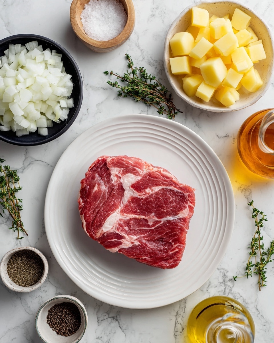 A piece of raw marbled red meat with white fat veins sits in the center of a white plate with a slight wave pattern on the rim. Around the plate on a white marbled surface are several ingredients: a black bowl filled with chopped white onions on the left, a similar black bowl filled with chopped yellow potatoes on the right, a small round beige bowl of coarse salt above the plate, and small round metal containers holding ground black pepper. There are also glass bottles of amber liquid, dark vinegar, and light oil near the edges, along with sprigs of green thyme placed around for decoration. photo taken with an iphone --ar 4:5 --v 7