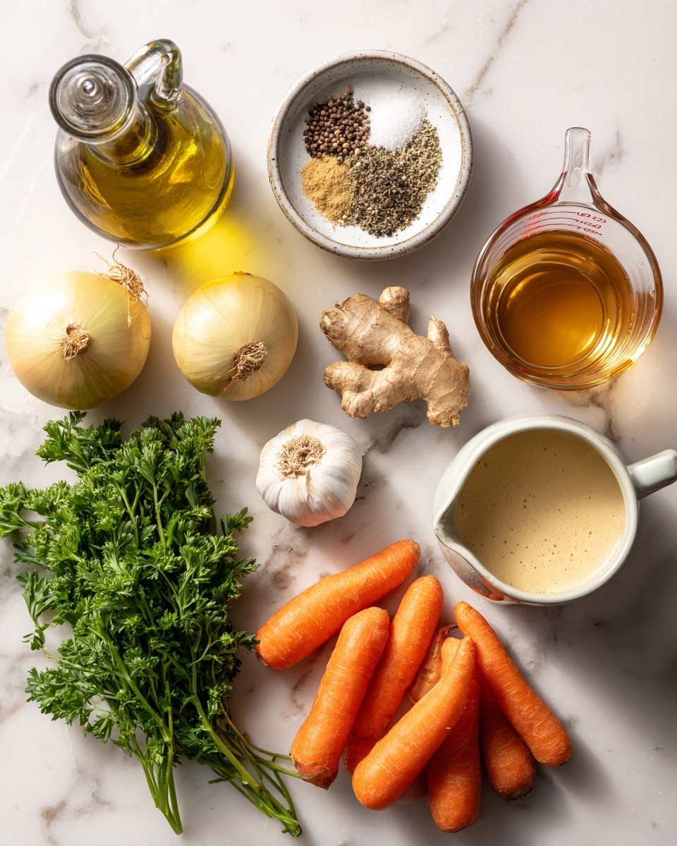 This image shows fresh cooking ingredients arranged on a white marbled surface. At the top left, there is a glass bottle of olive oil with a metal lid, next to a small round white dish holding a mix of coarse salt, black pepper, and ground spices. To the right, a glass measuring cup is filled with a golden brown liquid. Below the spices, a white jug contains a creamy liquid. Nearby, a small piece of light brown ginger is placed between two peeled garlic cloves. At the bottom left, there is a whole yellow onion. To the right, a bunch of fresh green parsley with curly leaves is spread out. Near the center, a pile of small, bright orange carrots is grouped together. The photo taken with an iphone --ar 4:5 --v 7