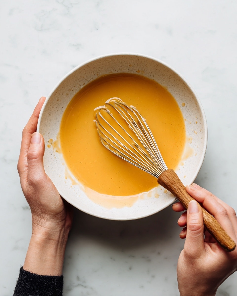 A white bowl is shown with orange liquid inside, which looks smooth and slightly thick. The mixture fills about one third of the bowl. Two woman's hands hold the bowl; the left one holds a whisk with a wooden handle dipped into the liquid, slightly stirring it. The bowl rests on a white marbled surface, creating a clean and bright setting. Small splashes of the orange liquid can be seen on the inner sides of the bowl. photo taken with an iphone --ar 4:5 --v 7