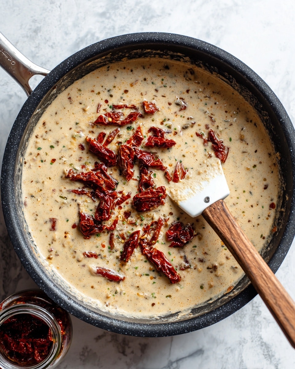 A top view of a black pan filled with a creamy sauce that is light beige with visible specks of herbs and spices. On top of the sauce are chunky pieces of dark red sun-dried tomatoes scattered across. A spatula with a wooden handle and a white blade rests inside the pan, partly submerged in the sauce. In the bottom left corner, a woman's hand is holding a jar with a red lid, showing some of the sun-dried tomatoes inside. The pan is placed on a surface with a white marbled texture. Photo taken with an iphone --ar 4:5 --v 7