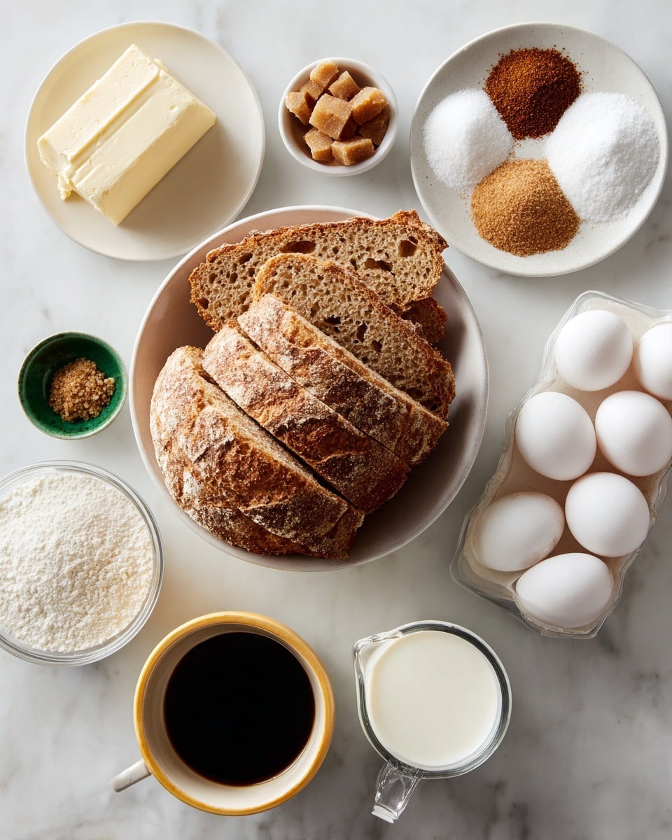 A white bowl filled with large torn pieces of light brown bread sits at the center on a white marbled surface; above it and to the right, a small white plate holds an array of spices in brown, white, and beige shades; below that to the right, four white eggs rest in a clear egg tray. Below the bread bowl on the left, there is a white bowl containing a light beige block resembling butter, next to a small green bowl holding brown sugar chunks. Lower and to the right, a clear glass measuring cup contains white milk, while in front of it, a round cup with a yellow rim is filled with dark black coffee. photo taken with an iphone --ar 4:5 --v 7