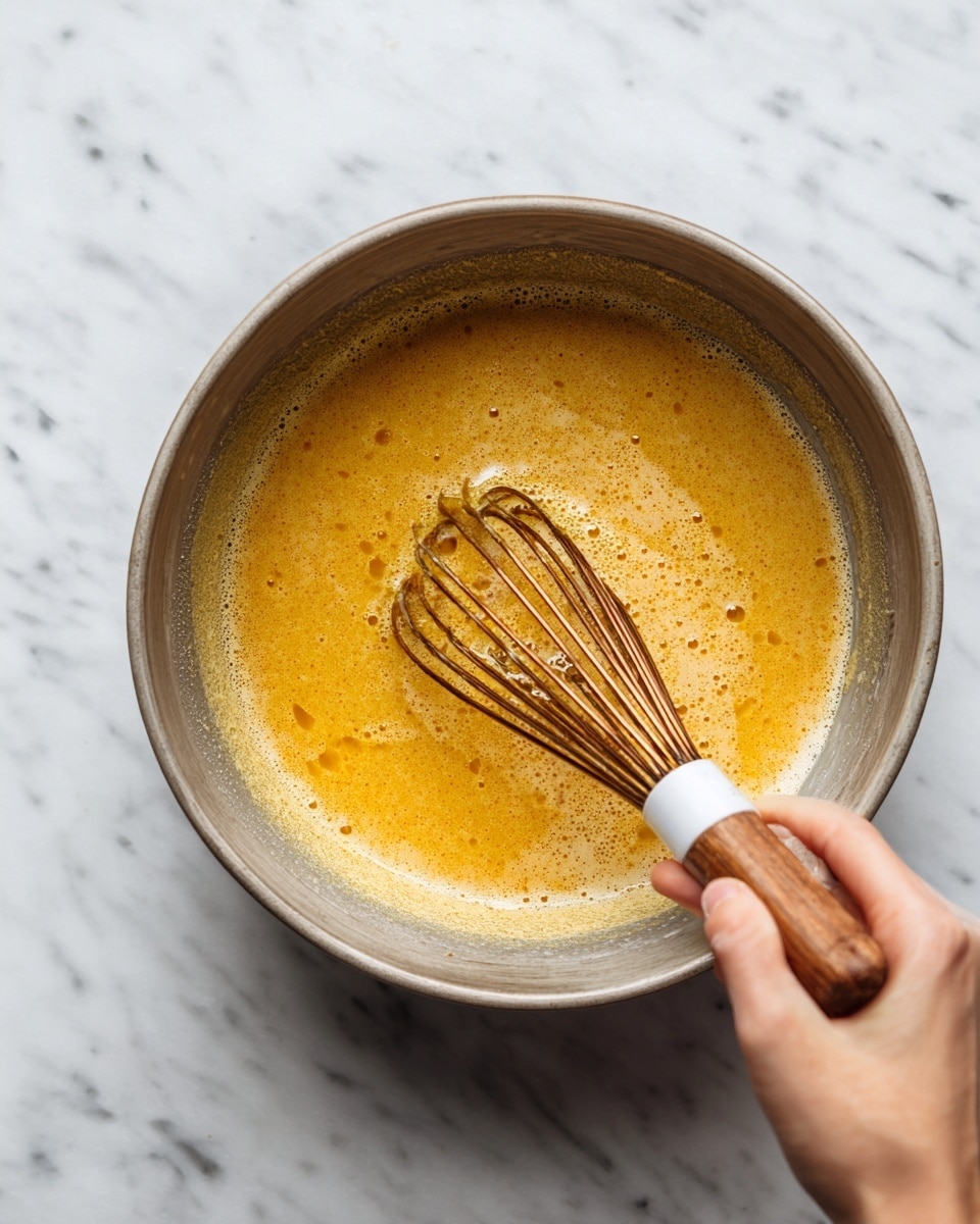 A close-up photo of a metal bowl filled with a mixture that has a yellow-orange color with some darker specks and a slightly foamy texture on top. A woman's hand is holding a whisk with a wooden handle and white collar, stirring the mixture inside the bowl. The bowl is placed on a white marbled surface. photo taken with an iphone --ar 4:5 --v 7