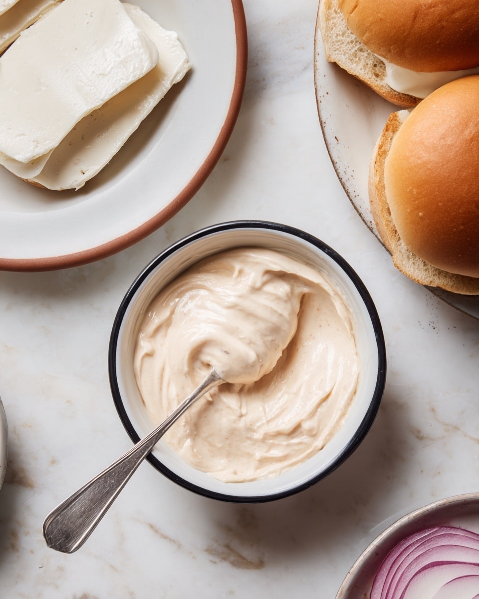 A small white bowl with a black rim sits on a white marbled surface, filled with a creamy, light beige sauce that has a smooth texture; a silver spoon rests in the bowl, partially covered with the sauce. Above it, to the left, is a white plate with a brown rim holding three thick, uneven slices of white cheese. To the upper right, there is a large white plate with a black rim holding four soft, golden brown burger buns. On the far right edge, part of a halved red onion is visible on the white marbled surface. photo taken with an iphone --ar 4:5 --v 7