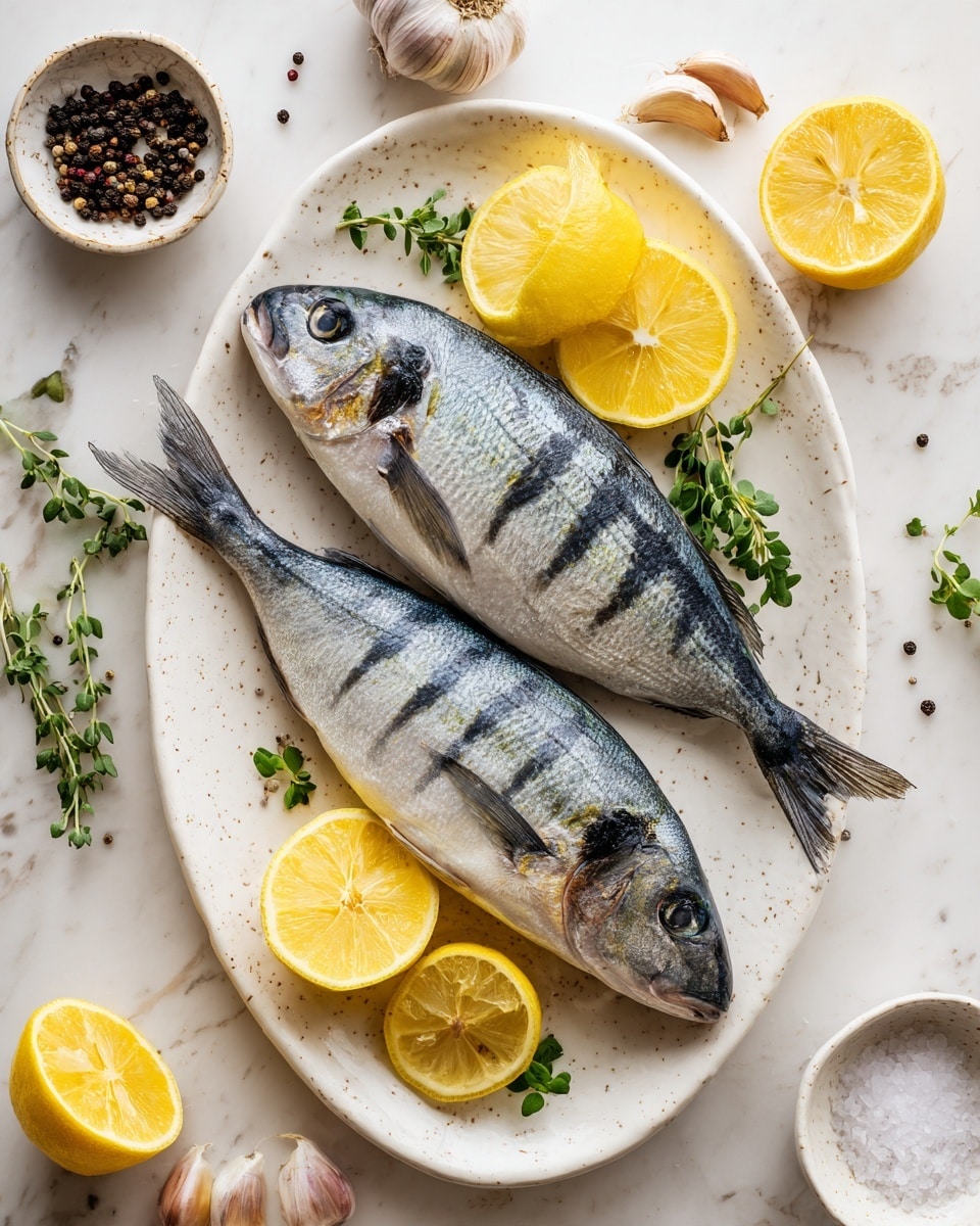 Two whole raw fish with dark blue and silver striped skins lie side by side on a white oval plate with light speckles. Around the plate, there are bright yellow lemon halves and whole lemons placed on a white marbled surface. Sprigs of fresh green herbs surround the plate, along with a bulb of garlic and some loose garlic cloves near the top. A small white bowl filled with black peppercorns sits near the top left, and another small white bowl with coarse salt is on the right side. Photo taken with an iphone --ar 4:5 --v 7