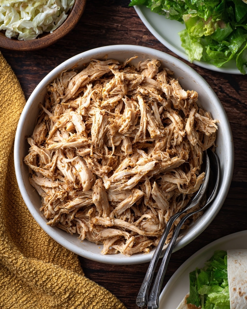 A white bowl filled with shredded, light brown chicken placed on a dark textured wooden surface. The chicken appears moist and tender with small string-like pieces piled high. Two metal claws rest in the bowl, partially buried in the chicken, suggesting it is being pulled apart. On the top left corner, a small portion of a white bowl with creamy coleslaw is visible, and a corner of a white plate with a wrap and green lettuce is seen on the bottom right. A mustard yellow textured cloth is placed below the bowl on the bottom left side. Photo taken with an iphone --ar 4:5 --v 7