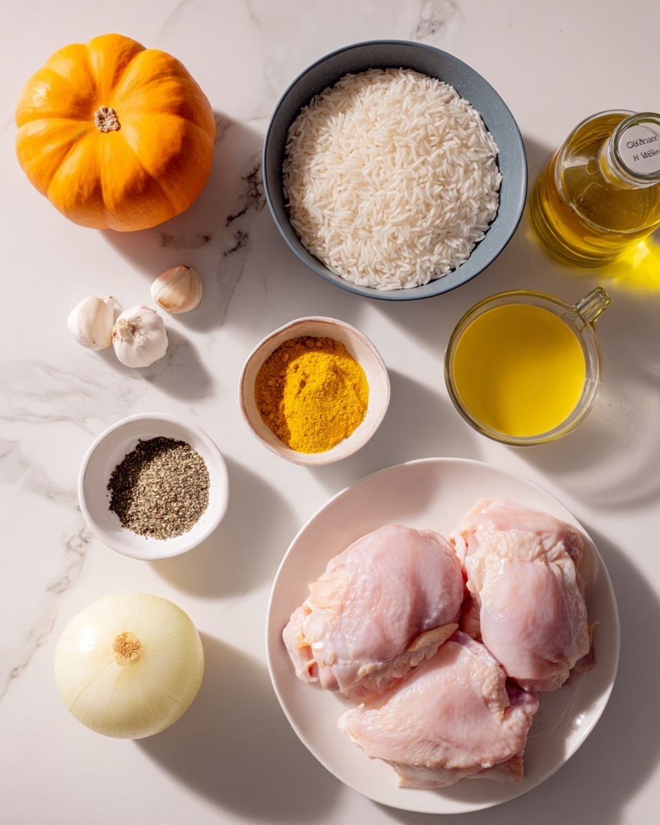 The image shows ingredients arranged on a white marbled surface: a white plate with two raw pink chicken pieces in the center right, a small white bowl with light yellow powder below the plate, a halved onion with light yellow layers to the bottom left of the bowl, two garlic cloves next to the onion, a can of pure pumpkin with an orange pumpkin image on the bottom right, a blue bowl filled with white rice grains to the left center, a small gray plate with black and white pepper mix above the rice, a clear measuring cup with yellow liquid at the top right, and a tall glass bottle with olive oil near the top left corner. The scene is well-lit and neat photo taken with an iphone --ar 4:5 --v 7