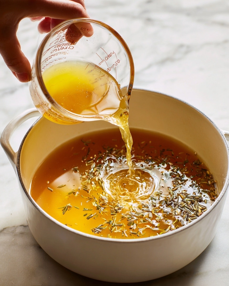 A white pot filled with a golden yellow broth that has small bits of herbs or spices floating on the surface. A woman's hand is pouring more of the same liquid broth from a clear glass measuring cup into the pot. The background is a white marbled surface. photo taken with an iphone --ar 4:5 --v 7