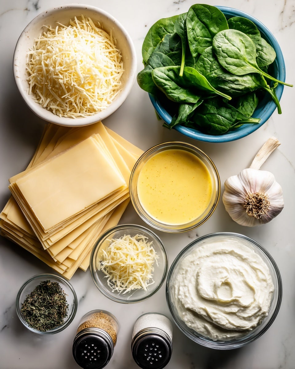 The image shows an overhead view of several cooking ingredients arranged on a white marbled surface. There are layers of pale yellow lasagna sheets stacked neatly on the left side. A white bowl filled with shredded cheese sits at the top left, while a blue bowl holds fresh green spinach leaves at the top right. In the center, there's a clear glass bowl containing a bright yellow sauce with a smooth texture. Nearby, a smaller glass bowl contains finely grated pale cheese. At the bottom are two small clear glass bowls, one with dried leafy herbs and the other with white sauce, next to a white bowl filled with thick creamy white ricotta cheese. A garlic bulb rests to the right, and there are two small jars of salt and black pepper lying on their sides near the bottom left. The composition is bright, clean, and organized, with a soft natural light illuminating the ingredients photo taken with an iphone --ar 4:5 --v 7