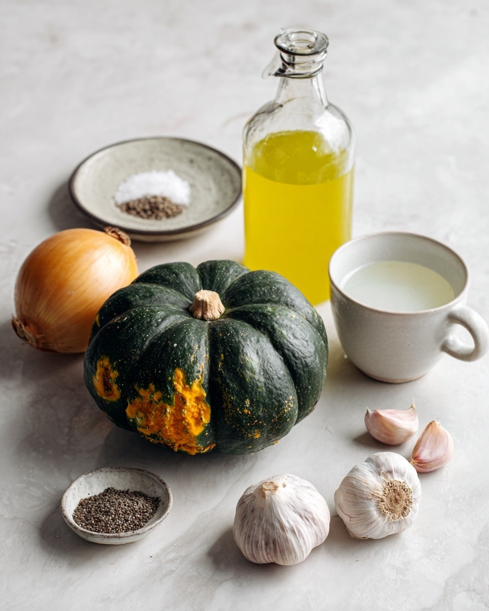 The image shows a round, dark green pumpkin with some orange spots, placed in the center on a white marbled surface. Above the pumpkin, there is a clear glass bottle with a metal top filled with yellow liquid. To the left, a small round plate holds a mix of salt and pepper. Below the pumpkin, there is a whole yellow onion on the left and three garlic cloves on the right. On the right side, near the bottom, there is a white ceramic cup filled with a white liquid. The lighting is soft, making the colors clear and natural. Photo taken with an iphone --ar 4:5 --v 7