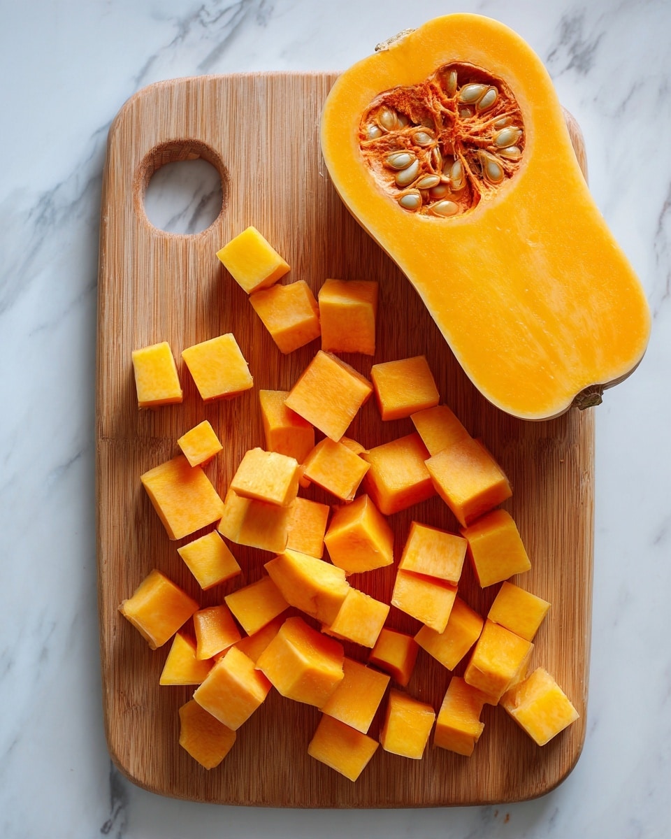 The image shows a wooden cutting board on a white marbled surface with a half orange butternut squash placed at the top right side, its seeds still inside the hollow part. Below it, there are 13 pieces of cubed squash scattered around the cutting board. The squash cubes vary in size and have a smooth, shiny, orange surface with some white parts where the skin was removed. The cutting board has a small round hole in the top left corner. Photo taken with an iphone --ar 4:5 --v 7