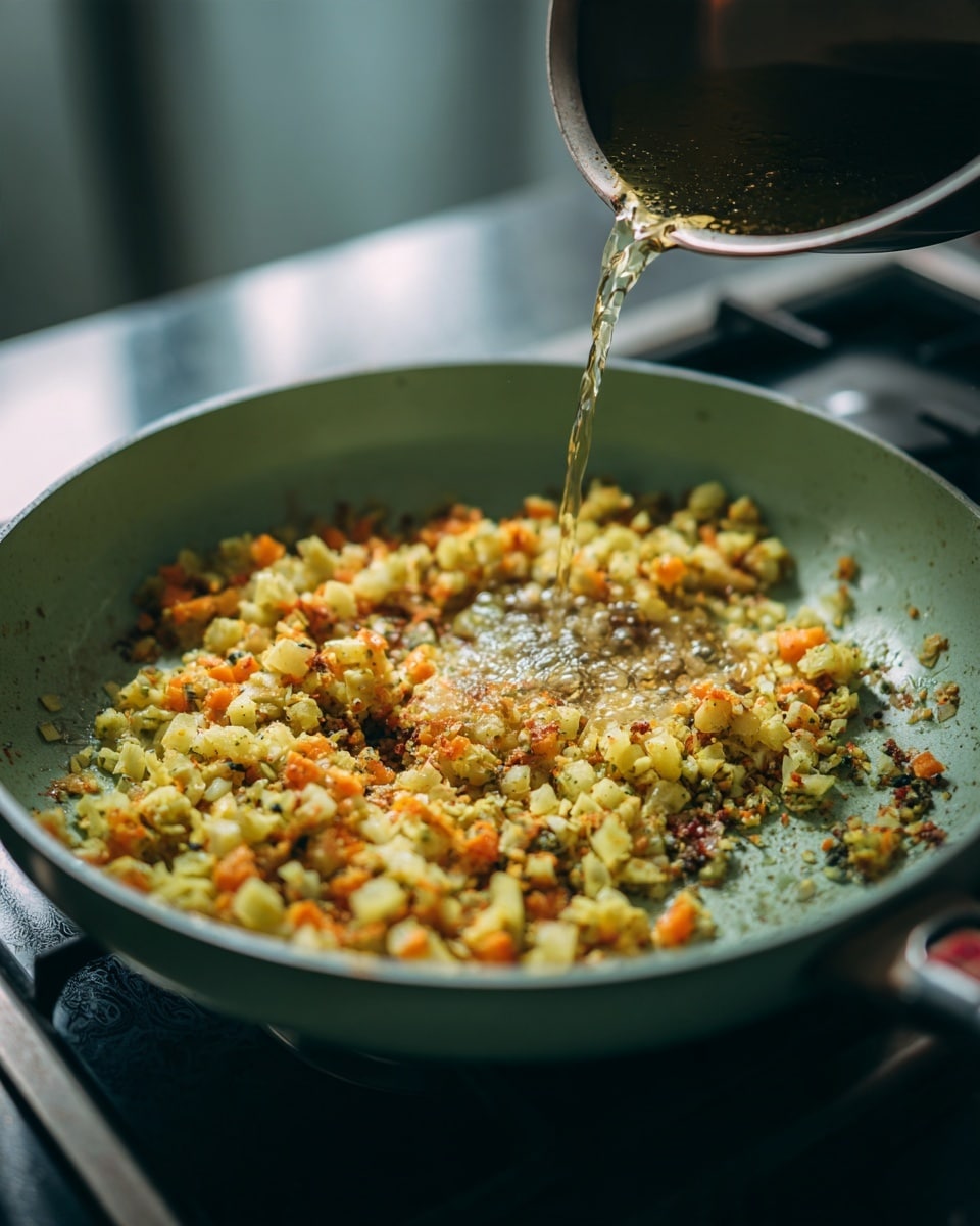The image shows a light green frying pan with small diced yellow and orange pieces cooking inside, mixed with small bits that look brown from frying. A clear liquid is being poured into the pan from a metal bowl at the upper right corner, with the flow of the liquid visible in mid-air. The pan sits on a stove, and the background has blurry metallic surfaces, with the main focus on the food and pan. photo taken with an iphone --ar 4:5 --v 7