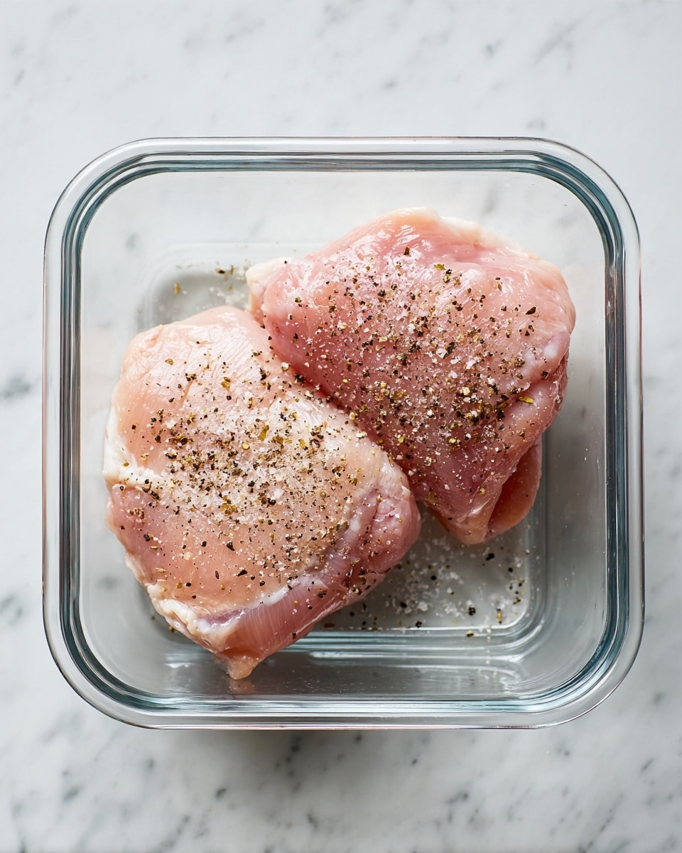 In a clear square glass container on a white marbled surface, two raw pink chicken pieces lie flat, with some white fat visible on the edges. They are sprinkled with a layer of coarse black pepper and white salt on top. The glass container shows reflections on its sides and bottom, giving a clean and fresh look. Photo taken with an iphone --ar 4:5 --v 7