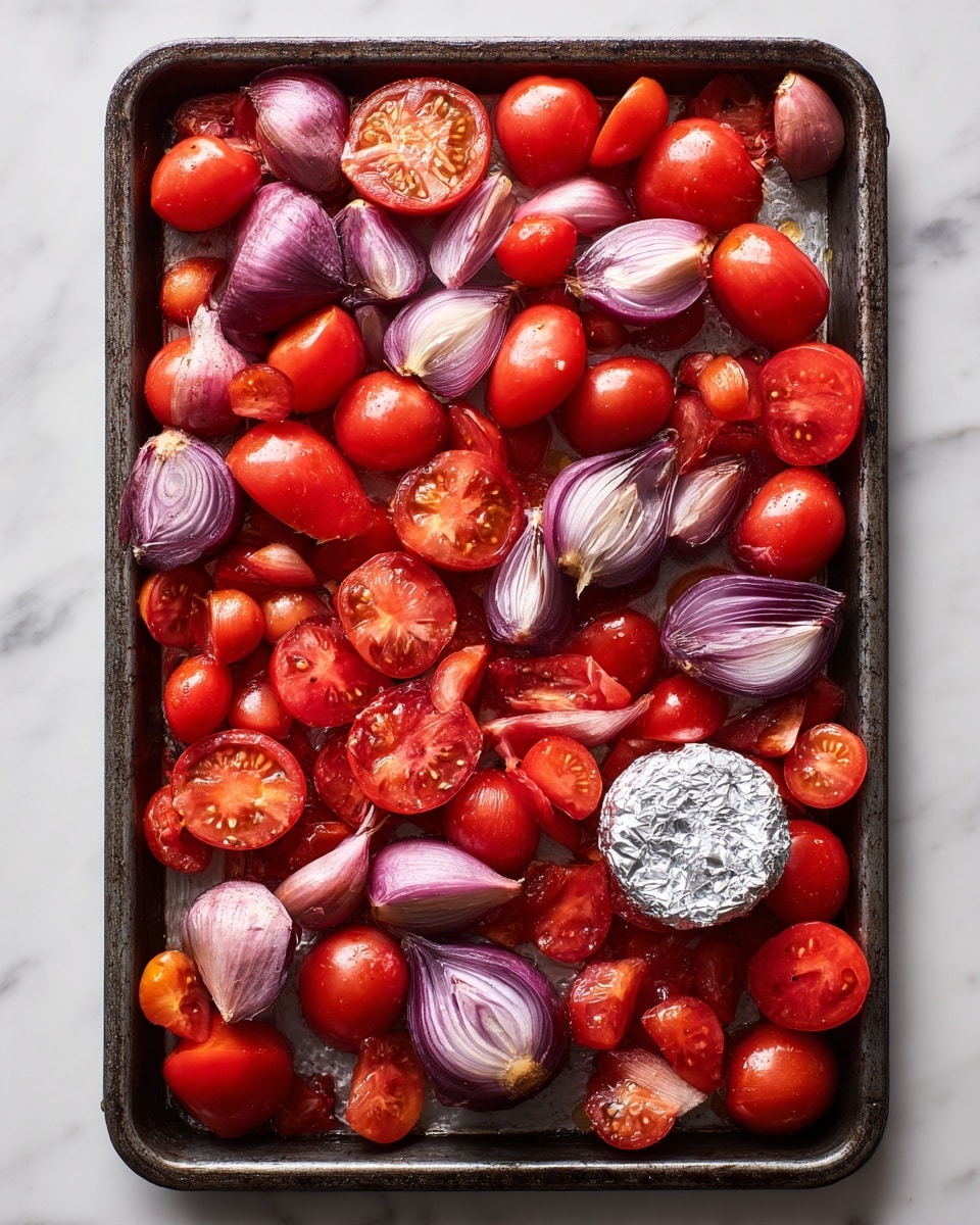 A dark metal baking tray is filled with several layers of fresh vegetables neatly spread out. The first layer shows whole and halved bright red tomatoes in different sizes, some small rounds and some large chunk pieces. Mixed among the tomatoes are several light purple shallots, peeled and halved, showing their smooth texture. Two round objects wrapped in shiny silver foil sit among the vegetables near the top and bottom right corners. The tray rests on a white marbled surface, enhancing the colors of the red tomatoes and purple shallots. photo taken with an iphone --ar 4:5 --v 7