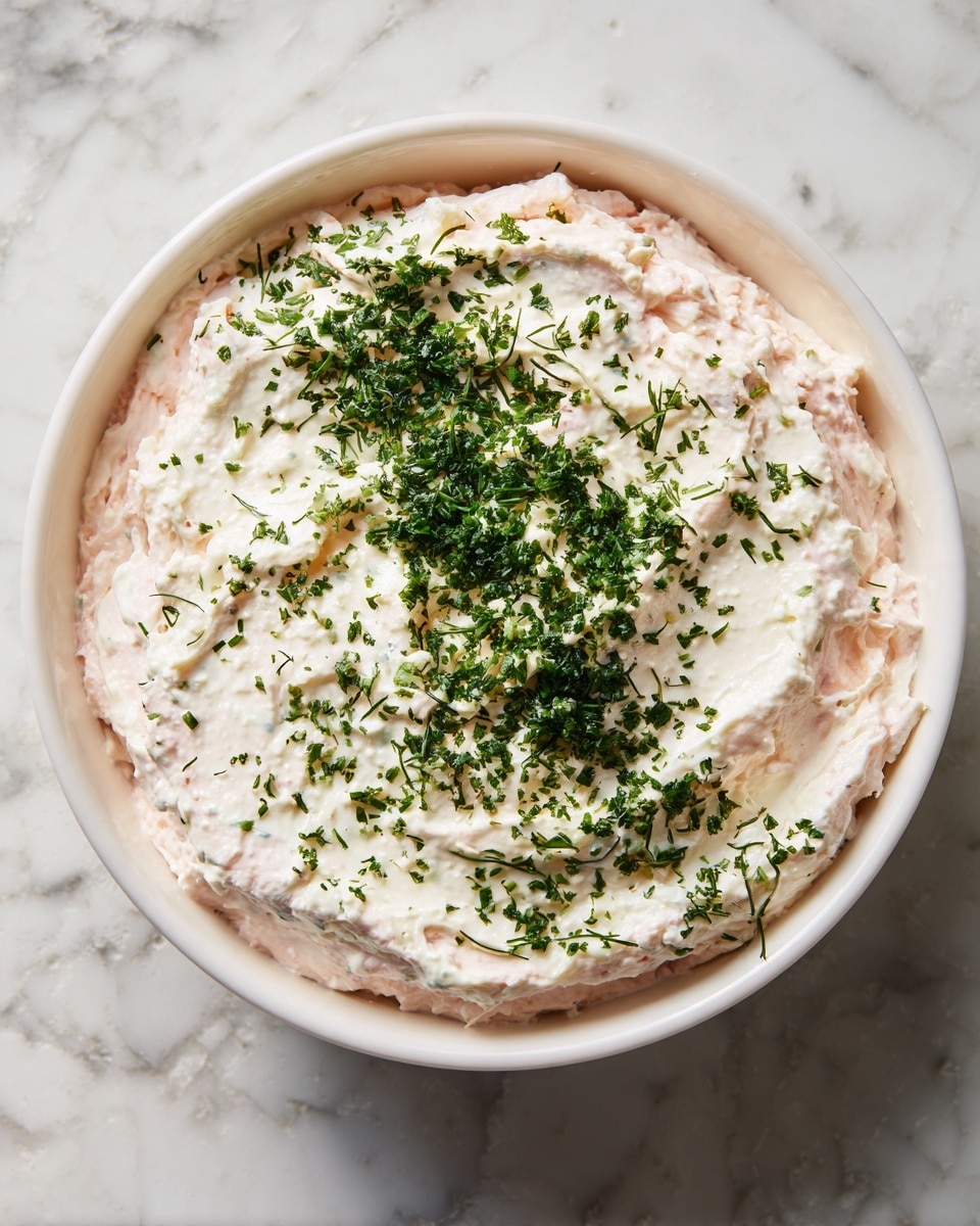 A round white bowl contains a three-layered mix. The bottom layer is light pinkish, likely soft meat. The middle layer is thick and creamy white, covering the surface unevenly. The top layer is a dense sprinkling of finely chopped green herbs placed mostly on one side, creating a visual contrast with the creamy layer. The bowl is set on a white marbled surface with a subtle texture. photo taken with an iphone --ar 4:5 --v 7