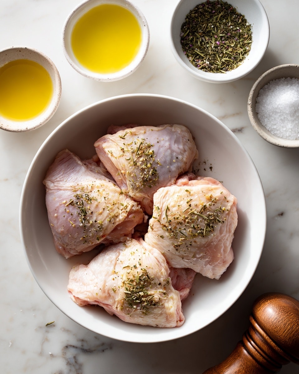 Four raw chicken pieces lie flat inside a round white bowl, each piece pale pink with a sprinkle of dried herbs and small drops of oil giving a slight shine. The bowl rests on a white marbled surface. Around the bowl are three small white bowls, one with yellow oil, one with green dried herbs, and one with coarse salt. At the bottom right, part of a wooden pepper grinder is visible. Photo taken with an iphone --ar 4:5 --v 7