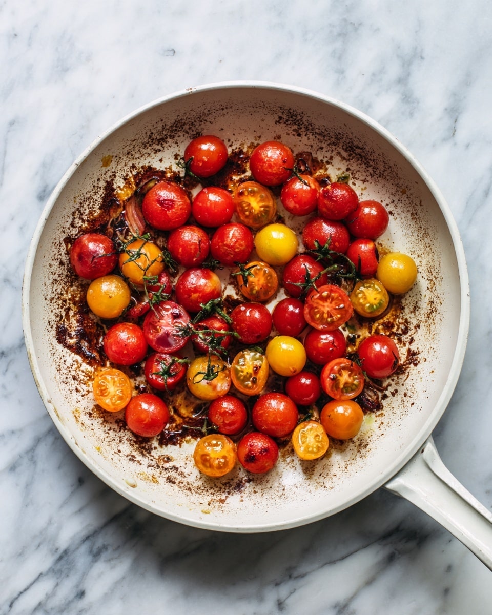 A white pan filled with red and yellow cherry tomatoes, some whole and some sliced in half, scattered loosely in the center. The pan’s bottom shows browned bits from cooking, creating a textured dark brown layer beneath the tomatoes. The background is a white marble surface with soft gray veins showing. Photo taken with an iphone --ar 4:5 --v 7