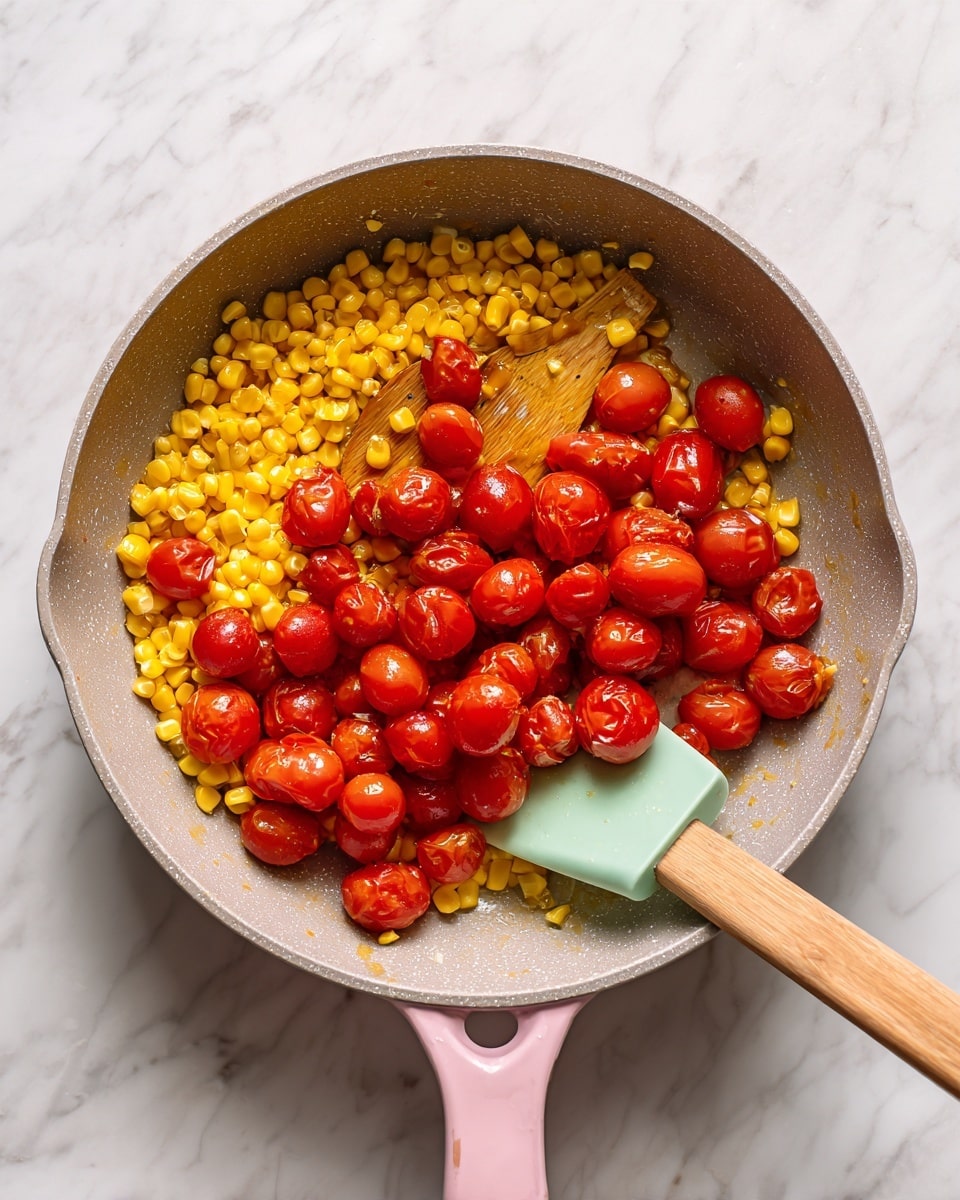 The image shows a gray cooking pan with a pink handle on a white marbled surface. Inside the pan, there is one layer of bright yellow corn kernels mixed with one layer of whole red cherry tomatoes scattered on top. A mint green spatula with a wooden handle is resting inside the pan, partly covered by the corn and tomatoes. The spatula handle points towards the top right corner. The pan looks warm as some of the tomatoes have cracked skins. photo taken with an iphone --ar 4:5 --v 7