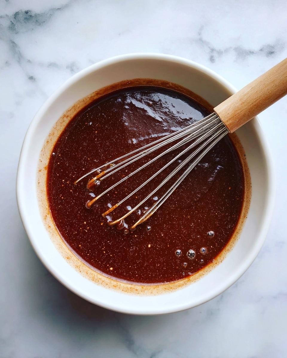 The image shows a white bowl with a thick, dark brown sauce inside. The sauce has a shiny texture with some small bits or seeds visible, and bubbles around its edges. A metal whisk with a light wooden handle is resting in the sauce, partially covered with the sauce. The bowl is placed on a white marbled surface. photo taken with an iphone --ar 4:5 --v 7