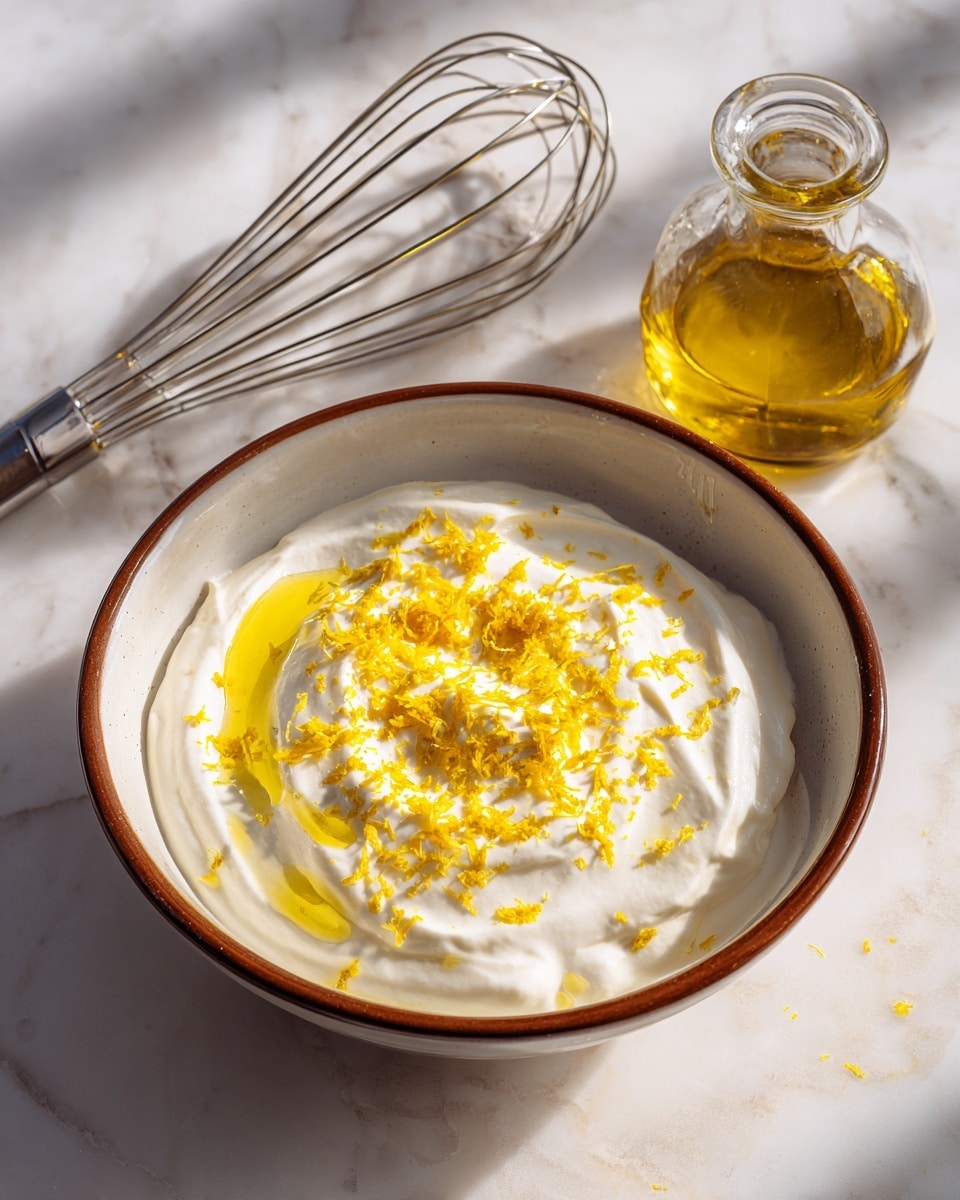 A white bowl with a brown rim holds a thick, smooth white cream base. On top, there is a layer of yellow olive oil pooled mostly on one side and sprinkled bright yellow lemon zest across the cream. Next to the bowl, there is a silver whisk lying on a white marbled surface, and a small glass bottle filled with golden olive oil is placed to the upper right of the bowl. The lighting creates soft shadows and highlights on the textures. Photo taken with an iphone --ar 4:5 --v 7