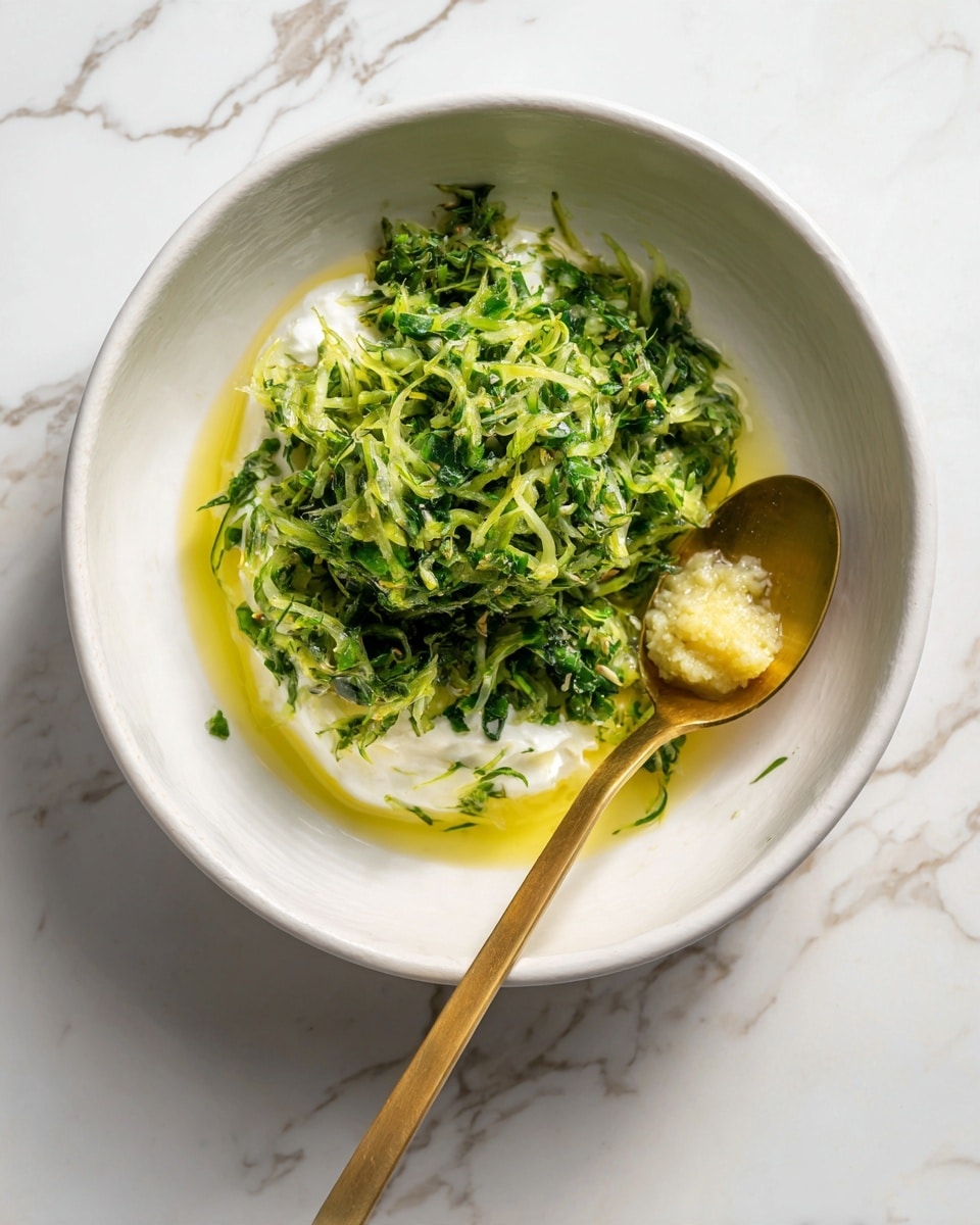 A white bowl holds three main layers: a thick white creamy layer at the bottom right, a mound of bright green shredded herbs or vegetables on the top right, and a pool of golden olive oil on the left side, with a small mound of minced pale yellow garlic resting partly on the creamy layer. A golden spoon lies inside the bowl, its tip dipped into the creamy layer with some garlic on it. The bowl sits on a white marbled surface. Photo taken with an iphone --ar 4:5 --v 7