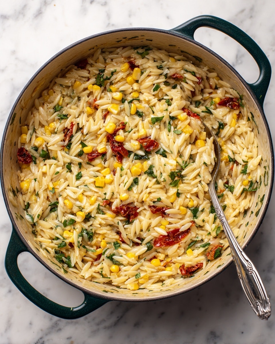 The image shows a round dark green pot filled with cooked orzo pasta mixed with small yellow corn kernels and bits of dried red tomatoes scattered evenly through the dish. The orzo is pale cream-colored with a soft texture, and the corn adds bright yellow pops, while the dried tomatoes bring dark red contrast. The pot rests on a white marbled surface. photo taken with an iphone --ar 4:5 --v 7