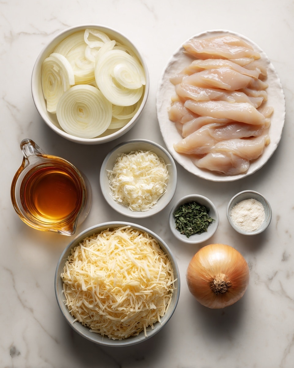 The image shows several ingredients arranged on a white marbled surface in white bowls and small dishes. At the top left is a bowl filled with layers of light yellow onion rings, and just below it, a bowl with several raw, pale pink chicken fillets stacked smoothly. To the right of the onions is a small dish with green herb leaves, next to a whole golden brown onion. Below these is a large bowl heaped with shredded pale yellow cheese. Smaller bowls hold finely chopped white garlic, a light brown liquid, and a white powder. On the bottom left corner, there's a glass measuring cup filled with an amber-colored liquid. All items are laid out clearly and neatly. Photo taken with an iphone --ar 4:5 --v 7