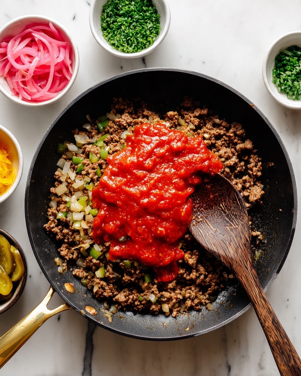 A black frying pan with a gold handle sits on a white marbled surface. Inside the pan is a layer of cooked ground meat mixed with small, diced pieces of green bell pepper and translucent onions, giving a mixed texture of brown, green, and light yellow. On top of this layer, bright red tomato sauce is dolloped in uneven patches mostly centered. A wooden spoon with a dark brown grain pattern rests inside the pan, partially covered in sauce. Surrounding the pan are small white bowls holding bright pink pickled onions, green chopped chives, and yellow pickle slices, enhancing the color contrast. photo taken with an iphone --ar 4:5 --v 7