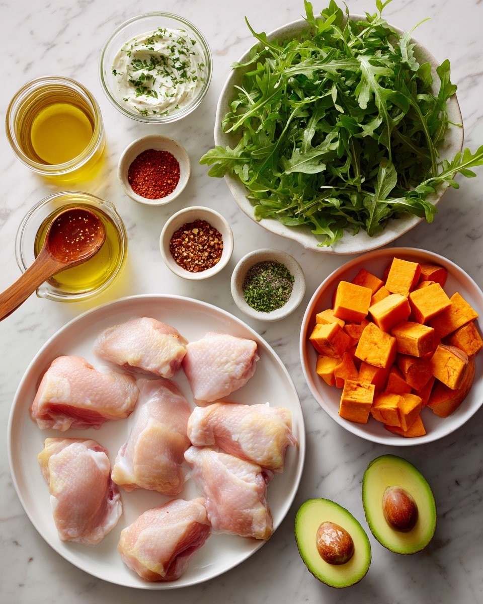 The image shows a top view of various ingredients arranged neatly on a white marbled surface. In the center, there is a wide white plate holding eight raw, pale pink pieces of chicken thigh. Below and slightly to the right, a white bowl is filled with bright orange chunks of sweet potato with skin on. Above the chicken, a large white bowl is filled with fresh, dark green arugula leaves. Scattered around are small white bowls with different spices and seasonings in colors like red, yellow, and brown. There are two halves of a green avocado to the right side, one with the seed in it. To the left, there is a small glass of golden-yellow oil and a jar with a wooden spoon inside, holding a reddish-brown sauce. Another small jar contains a creamy white sauce with green herbs sprinkled on top. The whole scene is bright, clean, and colorful with a natural look. Photo taken with an iphone --ar 4:5 --v 7