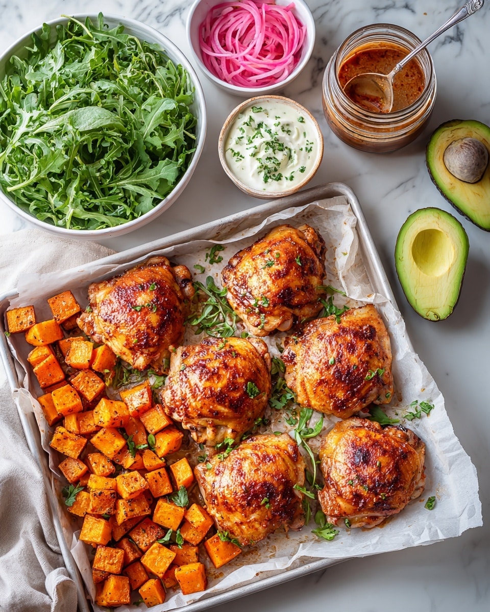 The image shows a white tray lined with paper, holding six pieces of golden-brown cooked chicken thighs spread across the top half. The thighs have a slightly shiny, spiced look with a reddish tint. The bottom half of the tray is filled with small, square chunks of roasted sweet potatoes, which are orange with a bit of dark seasoning on them. Surrounding the tray on a white marbled surface are a white bowl full of fresh green arugula, a white bowl with bright pink pickled onions, half a green avocado, and a glass jar with a reddish sauce and a metal spoon. A jar of creamy white sauce topped with green herbs is also visible near the top center. Photo taken with an iphone --ar 4:5 --v 7