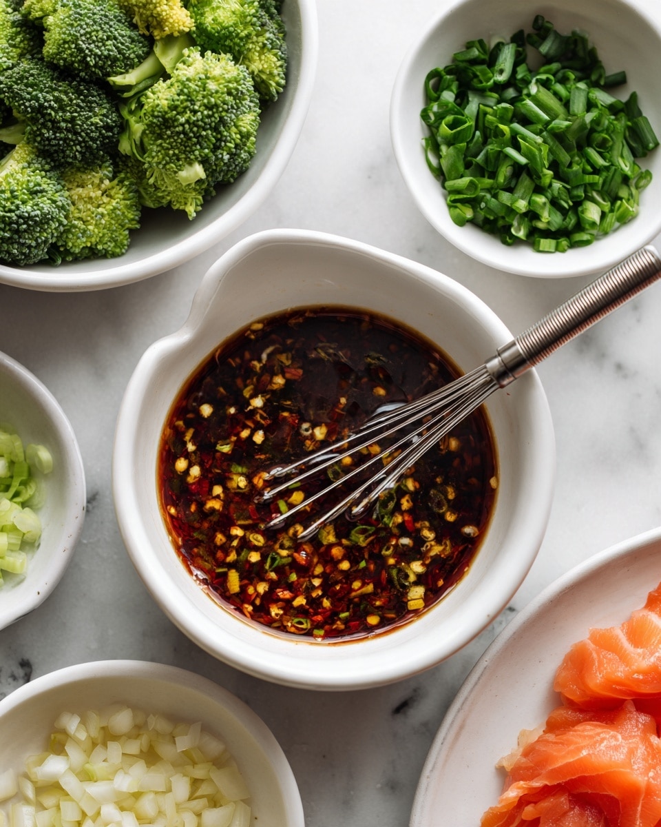 In the center is a white ceramic bowl with a small handle on the side, filled with a dark red and brown oily sauce speckled with yellow chili flakes and white chopped garlic pieces, with a small metal whisk resting inside. Around it, several white bowls hold fresh ingredients: top left shows bright green broccoli florets with stems, top middle has finely chopped dark green chives, bottom left contains pale yellow chopped onions, and bottom right has pieces of raw, bright orange salmon arranged on a white plate. All items are placed on a white marbled surface. photo taken with an iphone --ar 4:5 --v 7