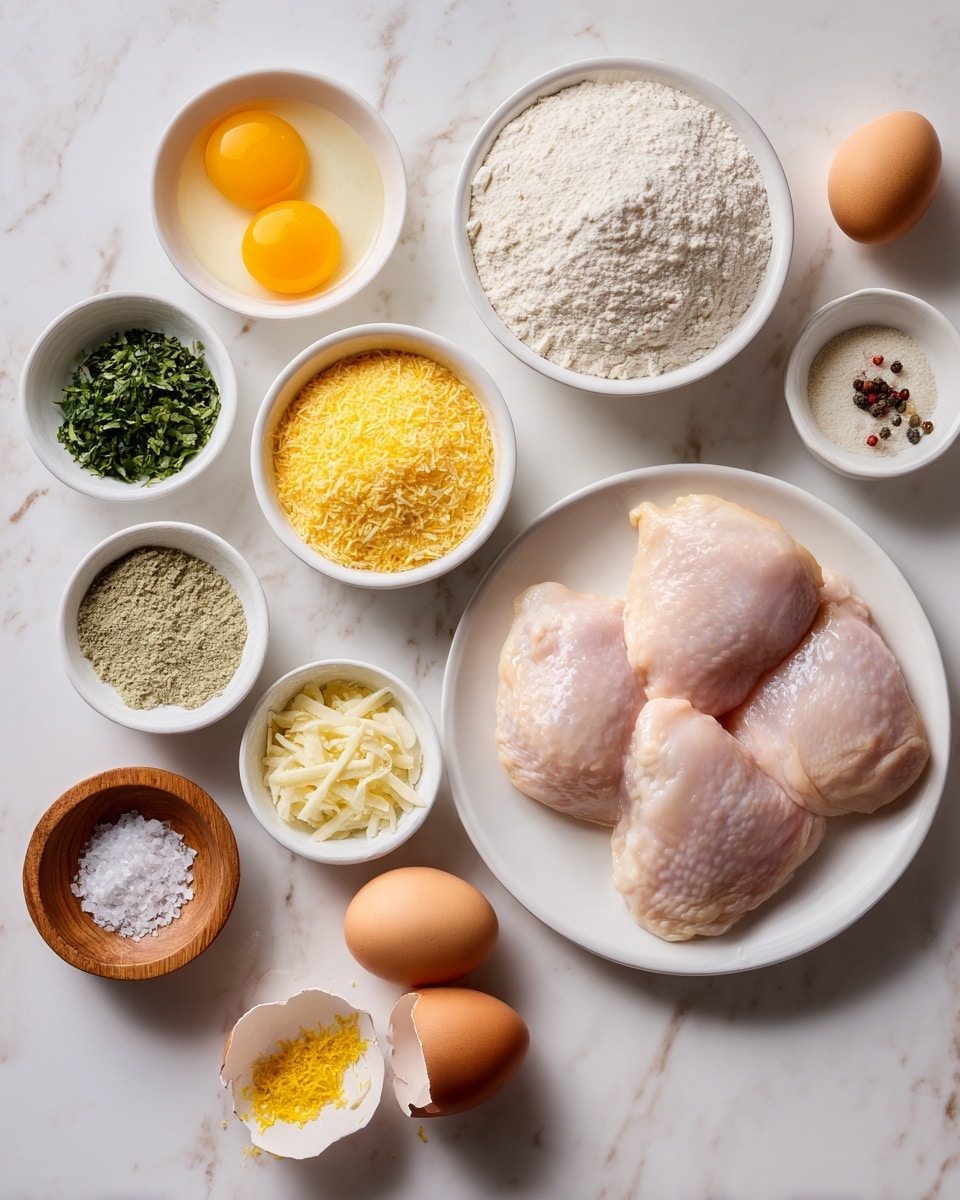 The image shows raw ingredients arranged neatly on a white marbled surface. In the center right, there is a white plate holding three raw chicken pieces with a smooth, pale pink texture. Surrounding the plate, there are small white bowls filled with different ingredients: one with two raw egg yolks in clear egg whites, another with white flour, a bowl with fine yellow cornmeal, a bowl with shredded white cheese, one with small green leafy herbs, another with light yellow mustard, and a tiny bowl with bright yellow lemon zest. There are also two eggs with shells partially broken beside the egg bowl, and two small wooden bowls holding coarse white salt and a mix of salt and black pepper. The colors are soft with natural light, and the arrangement is clean and organized, making each ingredient distinct and easy to see. Photo taken with an iphone --ar 4:5 --v 7