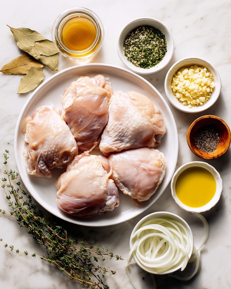 A white round plate in the center holds four raw chicken thighs with pale pink skin, arranged close together. Surrounding the plate are small white bowls filled with various ingredients: one with minced garlic, one with green herbs, one with grainy mustard, one with a yellow liquid, and one with a dark brown sauce. A small wooden bowl contains a mix of black pepper and salt. A white bowl at the bottom has thin white onion rings layered softly. To the left, a glass container holds a light brown broth. Two dried bay leaves and fresh thyme sprigs are scattered around the bowls and containers. All is placed on a white marbled surface. Photo taken with an iphone --ar 4:5 --v 7