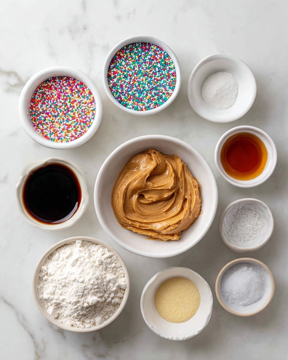 Seven white bowls are arranged on a white marbled surface, each containing a different ingredient. In the center is a bowl with thick, smooth peanut butter colored light brown. To the top right is a bowl with sticky, dark amber honey. Surrounding these are smaller bowls holding white flour powder, colorful round sprinkles, dark vanilla extract, white salt crystals, and a small bowl of fine, light yellow powder. The bowls are set neatly with a clean and bright background photo taken with an iphone --ar 4:5 --v 7