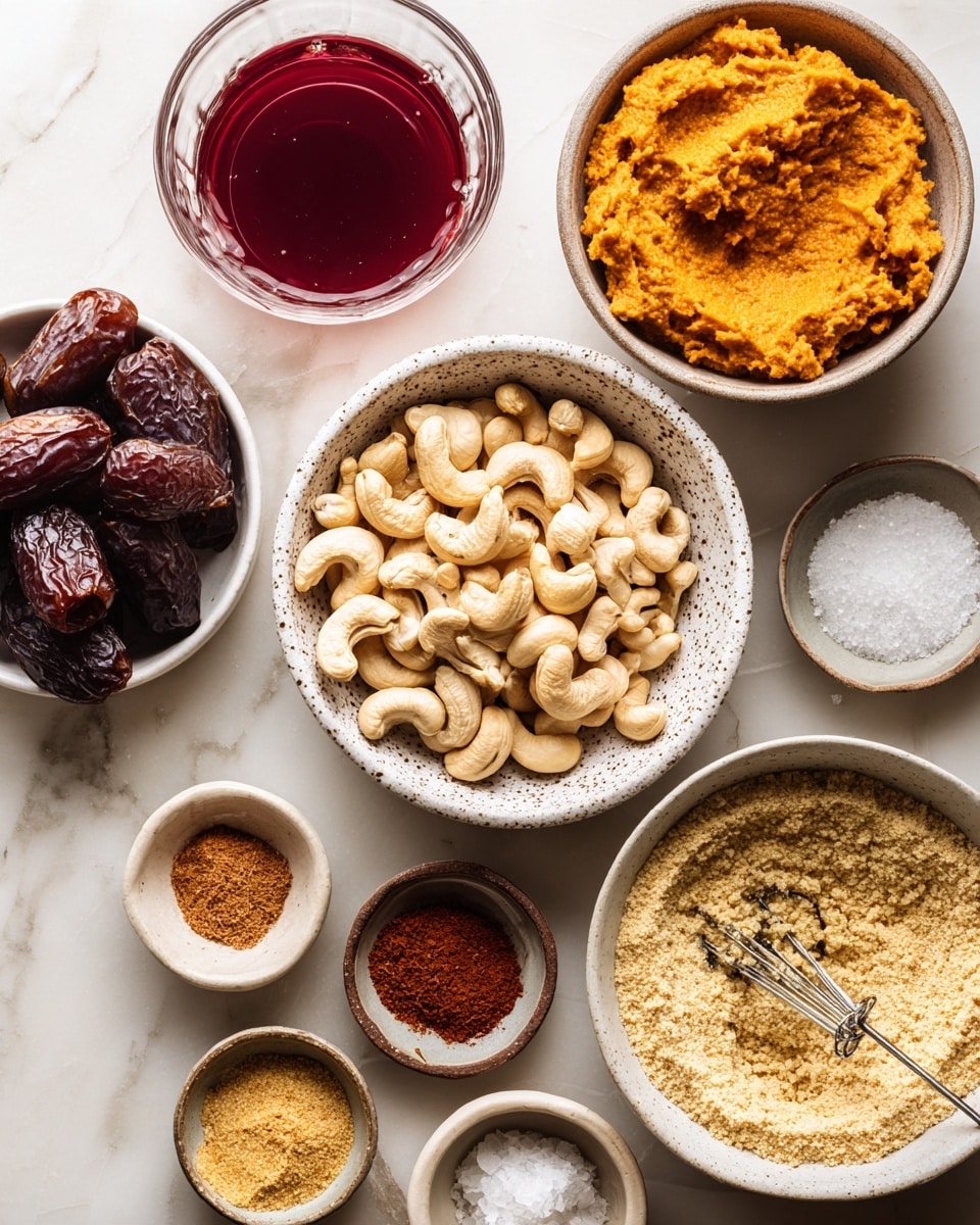 The image shows a flat lay of various cooking ingredients arranged neatly on a white marbled surface. In the center, there is a white speckled bowl filled with whole raw cashews, creamy beige in color. Surrounding it are several small white and ceramic bowls containing different ingredients: a bowl of mashed orange pumpkin puree, a clear container with deep red liquid, a bowl of raw dates that are dark brown with a slightly shiny texture, and a bowl filled with beige-colored almond flour with a small whisk resting inside. Additional small bowls hold powdered spices in shades of light brown, reddish-brown, and yellow, as well as white granulated salt. The overall setup feels clean and organized, with soft natural lighting highlighting the colors and textures of each ingredient clearly. photo taken with an iphone --ar 4:5 --v 7