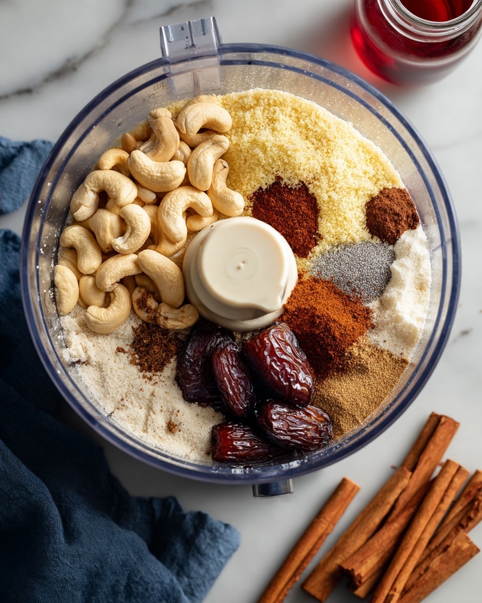 A clear food processor bowl is filled with different ingredients placed in separate sections. On the bottom left side, there are many light beige cashew nuts. Above the cashews, there is a light yellowish almond flour layer covering the base. To the right of that is a cluster of dark brown dates, resting on a white powder layer. On top of the almond flour and dates, there are several spices layered: a dark brown, a light brown, and a greyish-brown powder sprinkled around the center blade. The center blade itself is white with some cream-colored substance on it. The bowl sits on a white marbled surface, next to a dark blue cloth, a glass jar filled with cinnamon sticks on the bottom right, and a small glass jug with a red liquid on the top left. photo taken with an iphone --ar 4:5 --v 7