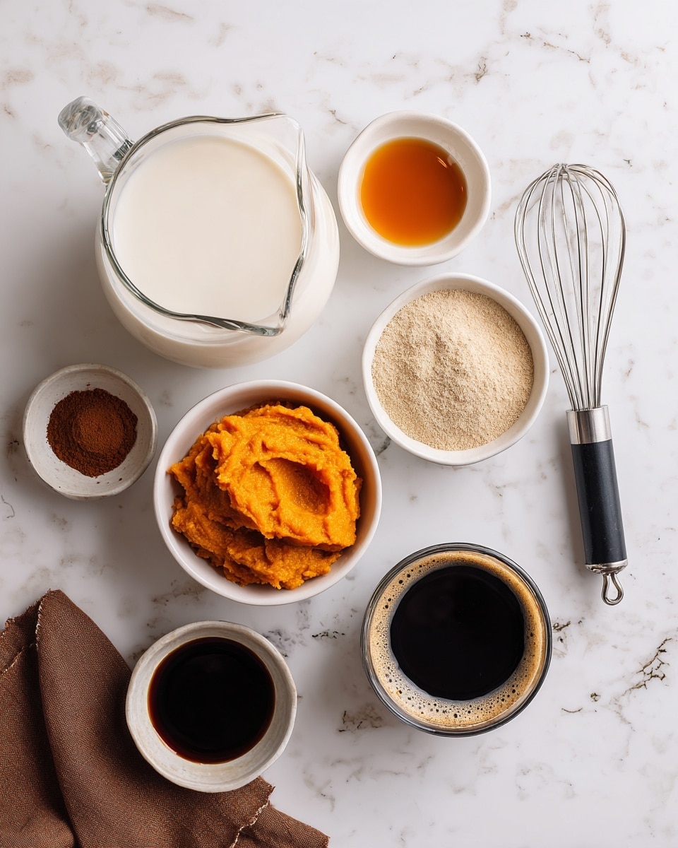 The image shows six small white bowls and glass measuring cups arranged on a white marbled surface. The largest glass pitcher, positioned on the left, is filled with creamy white milk. Next to it, toward the top center, is a small white bowl containing amber-colored syrup. Below it, another small white bowl holds bright orange pumpkin puree. To the right, a bowl filled with a light brown ground spice is placed near a whisk gadget with a black handle. At the bottom left, a small bowl with dark brown vanilla extract sits below the pumpkin puree. The final glass pitcher on the bottom right is filled with dark coffee topped with light froth. A brown cloth is partly visible in the bottom left corner. Photo taken with an iphone --ar 4:5 --v 7