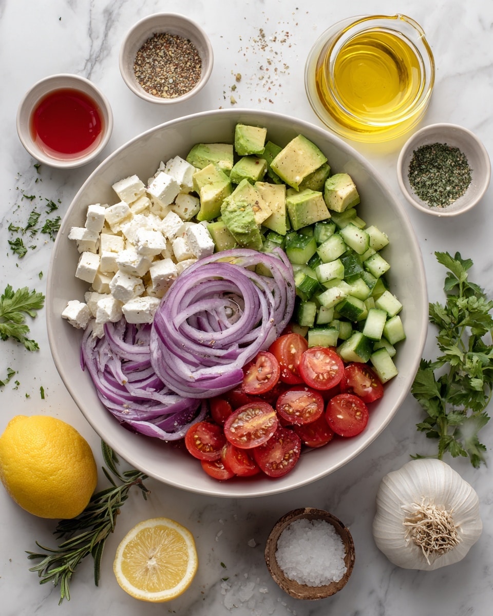 A white bowl filled with a colorful salad sits on a white marbled surface. Inside the bowl, there are six main layers arranged side by side: small white cubes of cheese on the top left, light green chunks of avocado on the top right, thin slices of purple onion in the center, bright red halved cherry tomatoes on the bottom right, small green cucumber pieces on the bottom left, and chopped fresh green herbs next to the cheese and cucumbers. Around the bowl, there are small white bowls containing red liquid, yellow oil, black pepper and salt mix, and minced garlic. A halved lemon, a halved avocado, garlic bulb, and fresh herbs are scattered around. The photo taken with an iphone --ar 4:5 --v 7