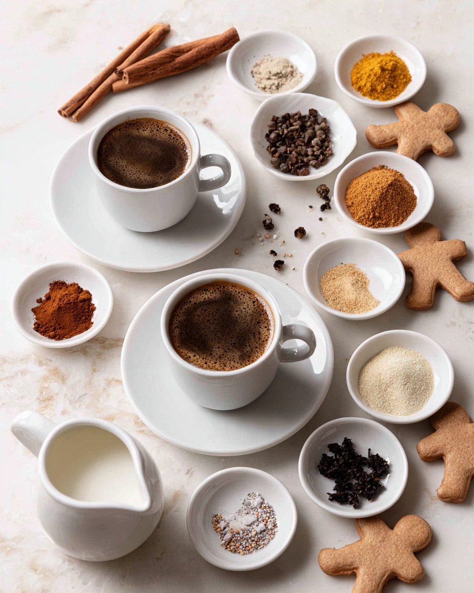 The image shows two small white cups filled with dark brown coffee with light froth on top, placed on a white plate at the left side. Towards the right, there are multiple small white bowls arranged in a scattered manner, each holding different spices and liquids in shades of brown, beige, light yellow, and dark black. There are also two cinnamon sticks at the top left and some loose cloves, nutmeg, and small beige cookies shaped like gingerbread people on the right side. A white jug with milk is positioned at the bottom left on a white marbled surface. photo taken with an iphone --ar 4:5 --v 7