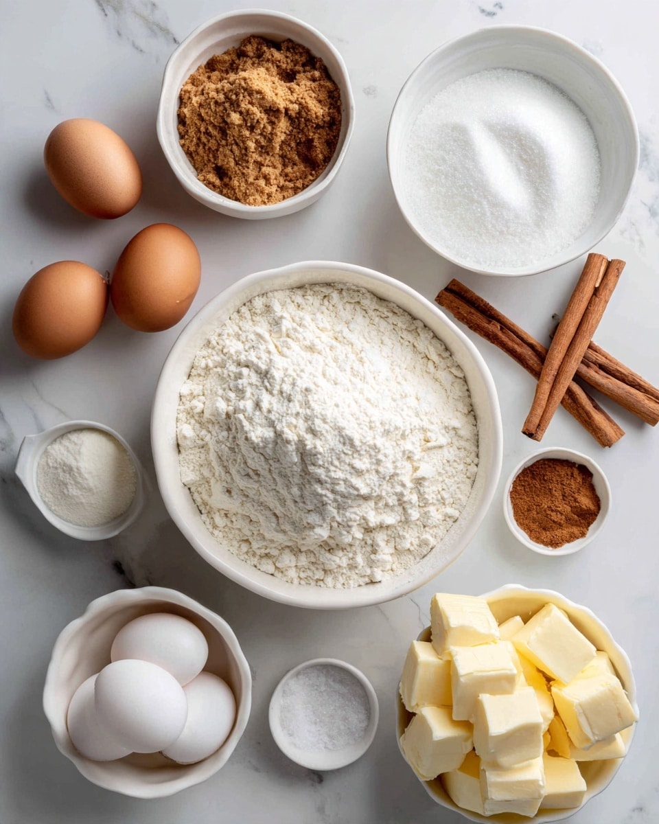 A top view image of several white bowls arranged on a white marbled surface, each holding different baking ingredients: a large white bowl in the center filled with white flour, a white bowl with white sugar above it, a white bowl with brown sugar to the left, a white bowl with two raw eggs next to broken eggshells below, a white bowl filled with yellow and white cubed butter to the right, and smaller white dishes holding light brown cinnamon powder, white baking soda, white salt, and white baking powder scattered around; two cinnamon sticks lie beside the cinnamon powder. Photo taken with an iphone --ar 4:5 --v 7