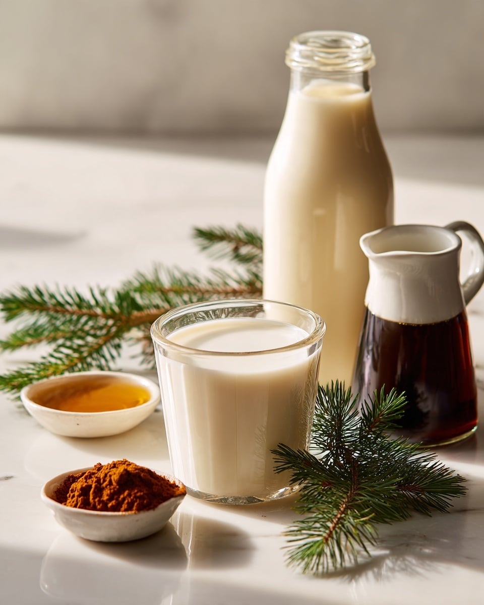 The image shows a clear glass measuring cup filled with white milk in the center on a white marbled surface. Behind it, there is a tall glass bottle also filled with white milk. To the right of the measuring cup, a small white jug holds dark brown liquid. In front of the jug is a green pine branch placed flat on the surface. In the bottom left corner, a small white bowl contains a heap of reddish-brown powder. In the upper left corner, another small white bowl contains a golden brown liquid. The arrangement is clean and simple, with natural light highlighting the different textures and colors photo taken with an iphone --ar 4:5 --v 7