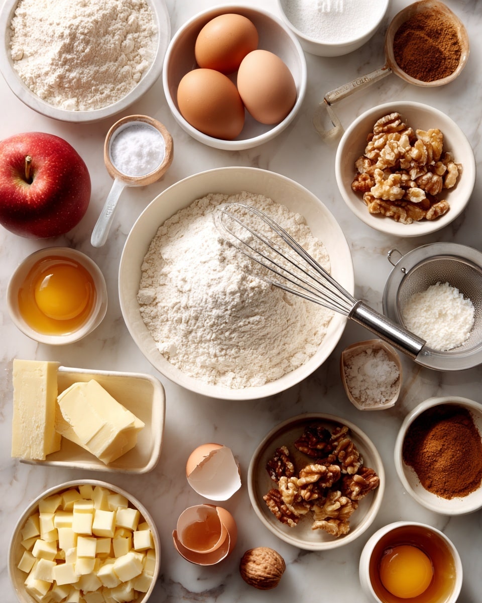 The image shows many small white bowls and plates with baking ingredients on a white marbled surface. In the center is a large white bowl filled with white flour, with a metal whisk resting inside. Surrounding it are a white bowl with two raw eggs, a white bowl with brown sugar, a white bowl with powdered sugar and a sifter, and a white bowl with chopped nuts. There is a whole red apple, a white bowl with yellow cubed butter, a white bowl with shredded apples, and smaller dishes holding ground spices and baking powder. Also visible are cracked eggshells and some amber colored syrup in a small white bowl. The colors are warm tones of white, yellow, brown, and red, with textures from powdery to chunky. photo taken with an iphone --ar 4:5 --v 7